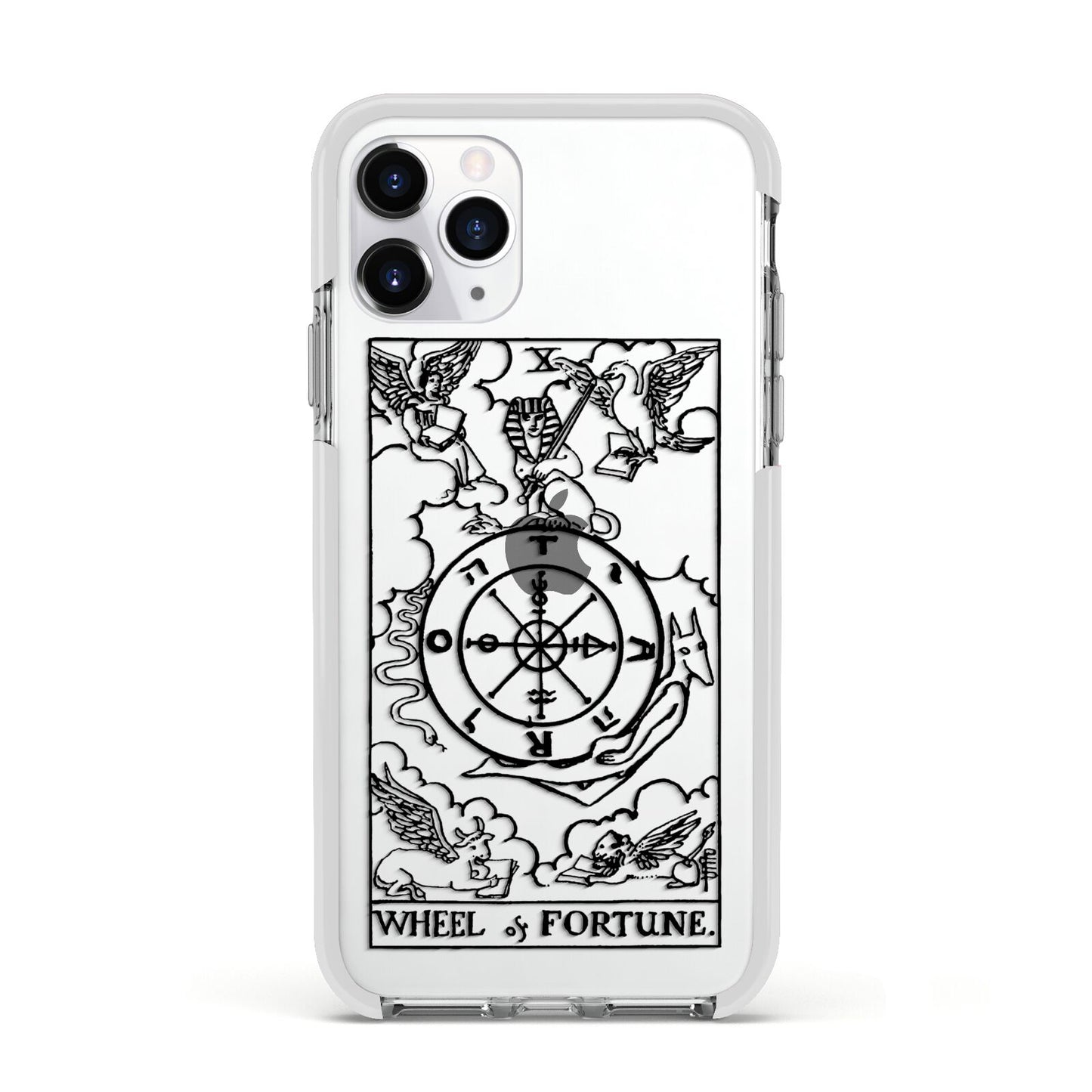 Wheel of Fortune Monochrome Tarot Card Apple iPhone 11 Pro in Silver with White Impact Case