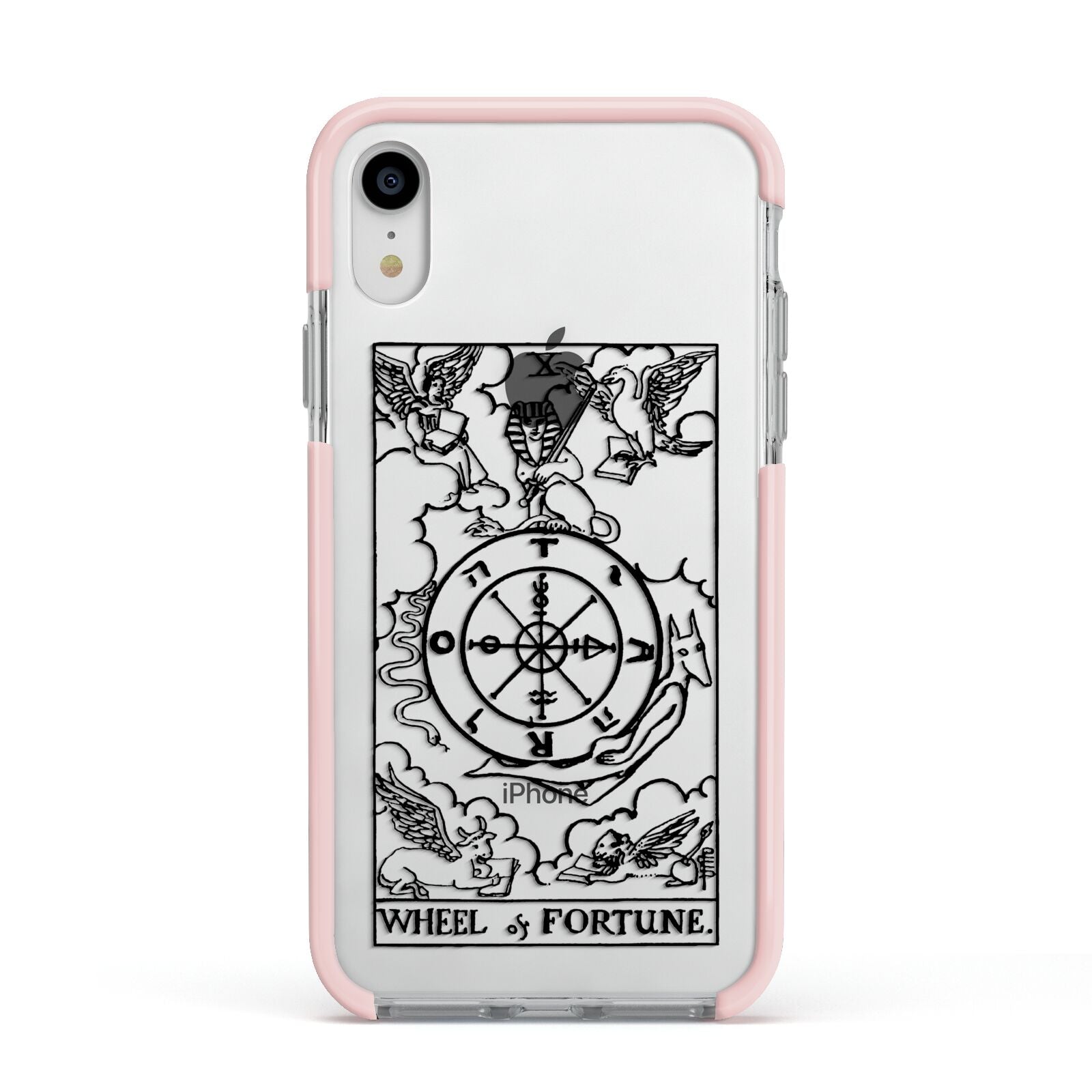 Wheel of Fortune Monochrome Tarot Card Apple iPhone XR Impact Case Pink Edge on Silver Phone