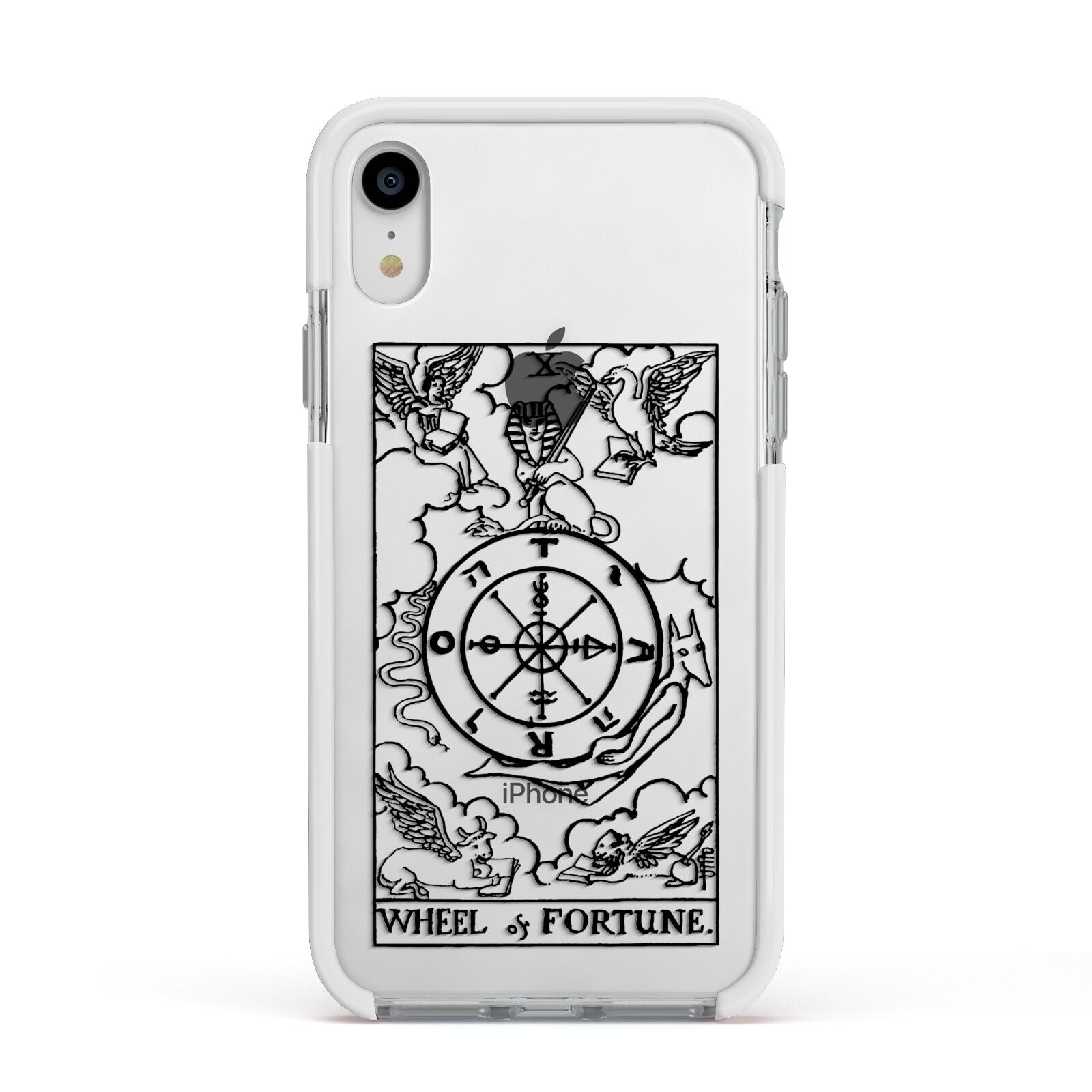Wheel of Fortune Monochrome Tarot Card Apple iPhone XR Impact Case White Edge on Silver Phone