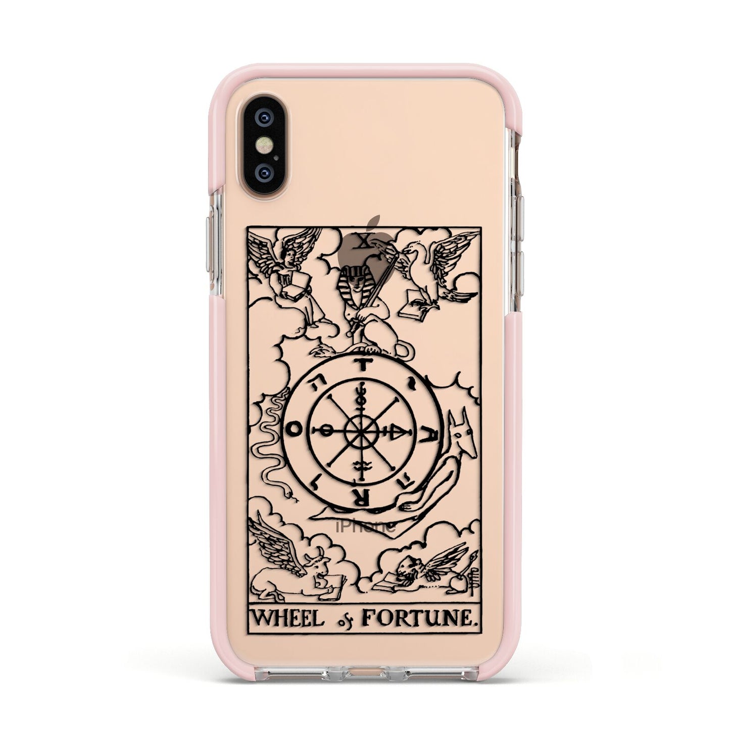 Wheel of Fortune Monochrome Tarot Card Apple iPhone Xs Impact Case Pink Edge on Gold Phone