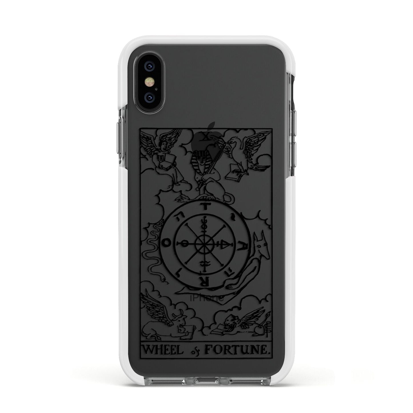 Wheel of Fortune Monochrome Tarot Card Apple iPhone Xs Impact Case White Edge on Black Phone