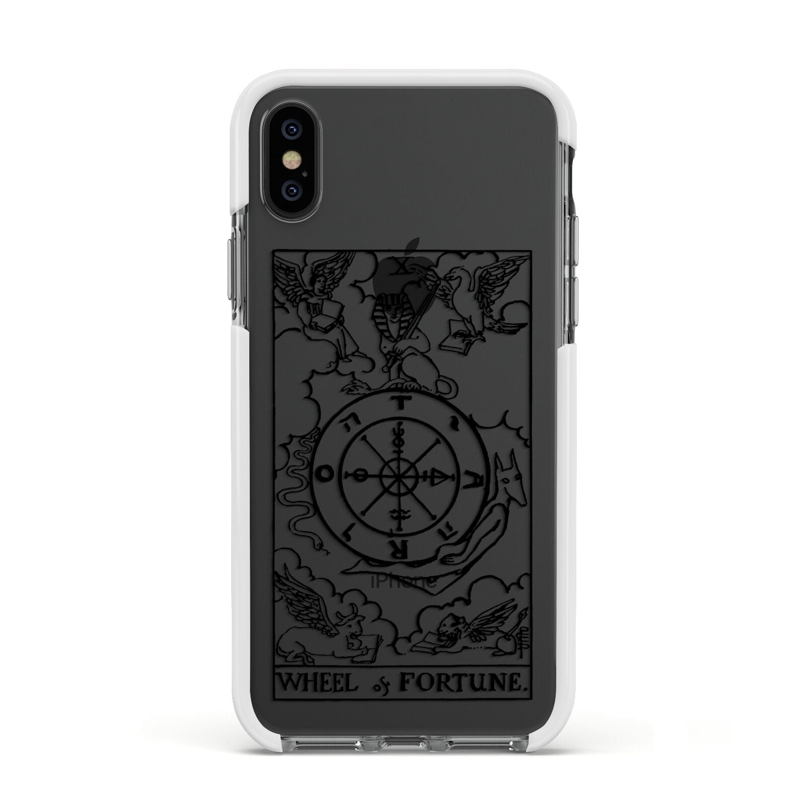 Wheel of Fortune Monochrome Tarot Card Apple iPhone Xs Impact Case White Edge on Black Phone