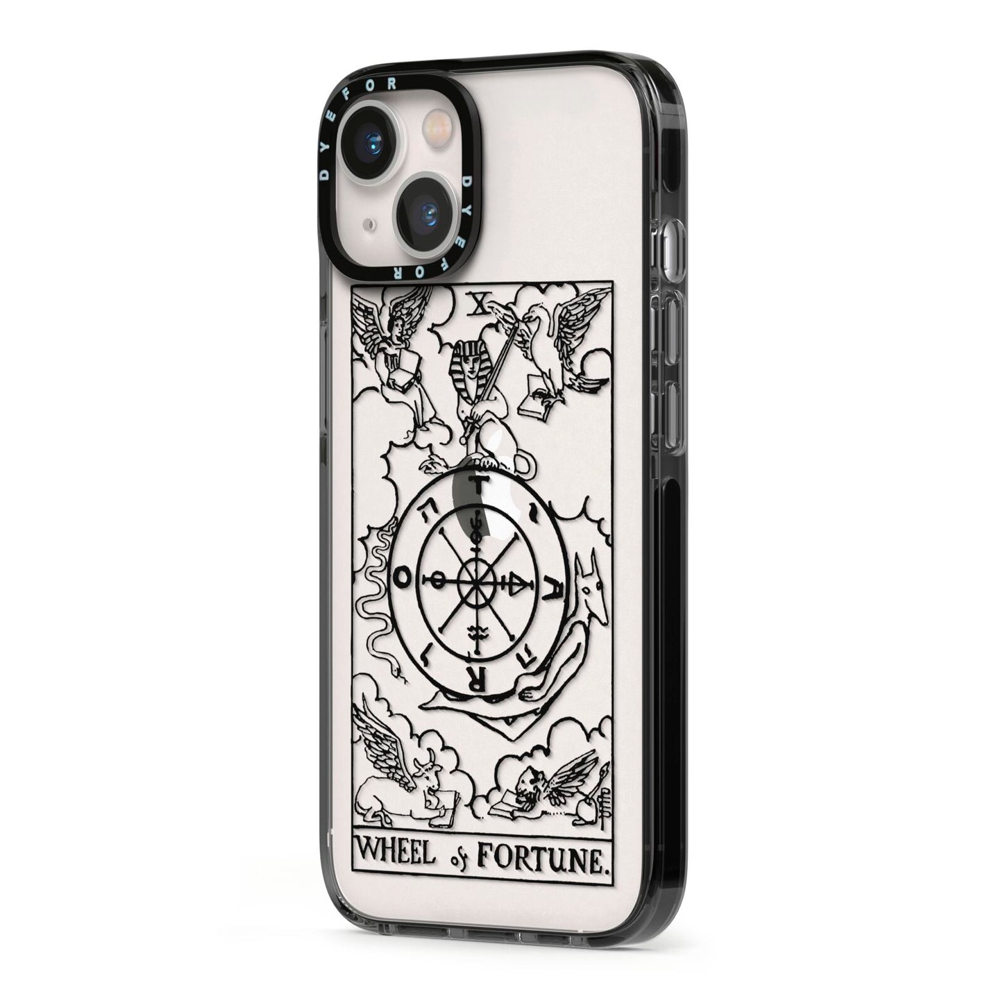 Wheel of Fortune Monochrome Tarot Card iPhone 13 Black Impact Case Side Angle on Silver phone