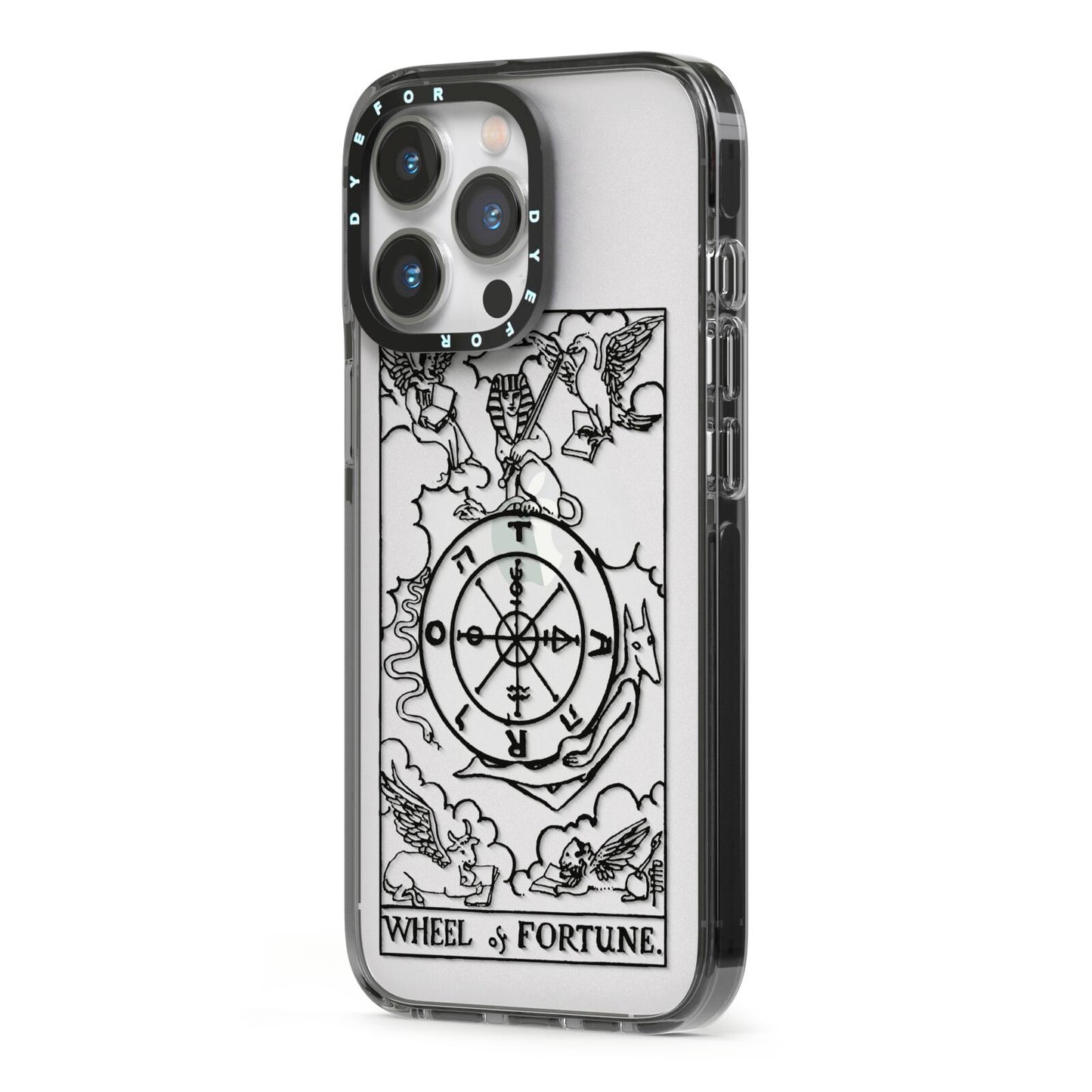 Wheel of Fortune Monochrome Tarot Card iPhone 13 Pro Black Impact Case Side Angle on Silver phone