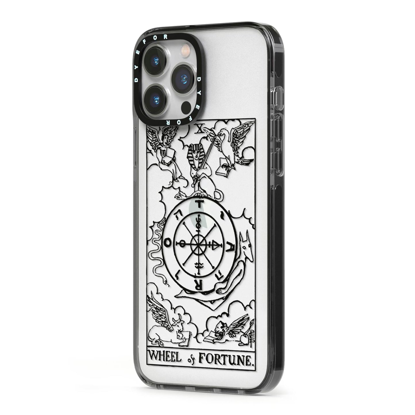 Wheel of Fortune Monochrome Tarot Card iPhone 13 Pro Max Black Impact Case Side Angle on Silver phone