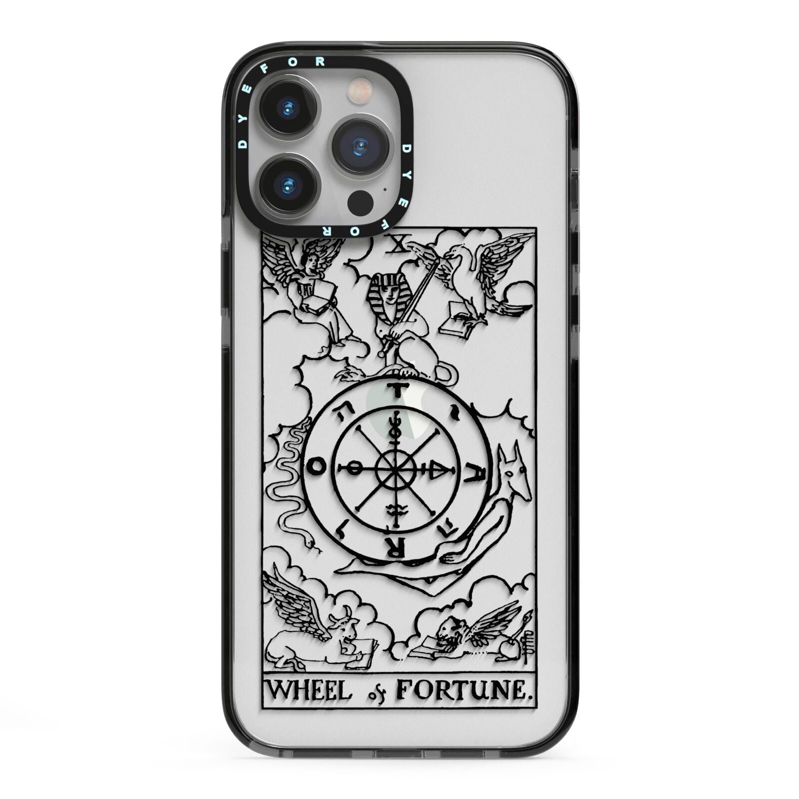 Wheel of Fortune Monochrome Tarot Card iPhone 13 Pro Max Black Impact Case on Silver phone