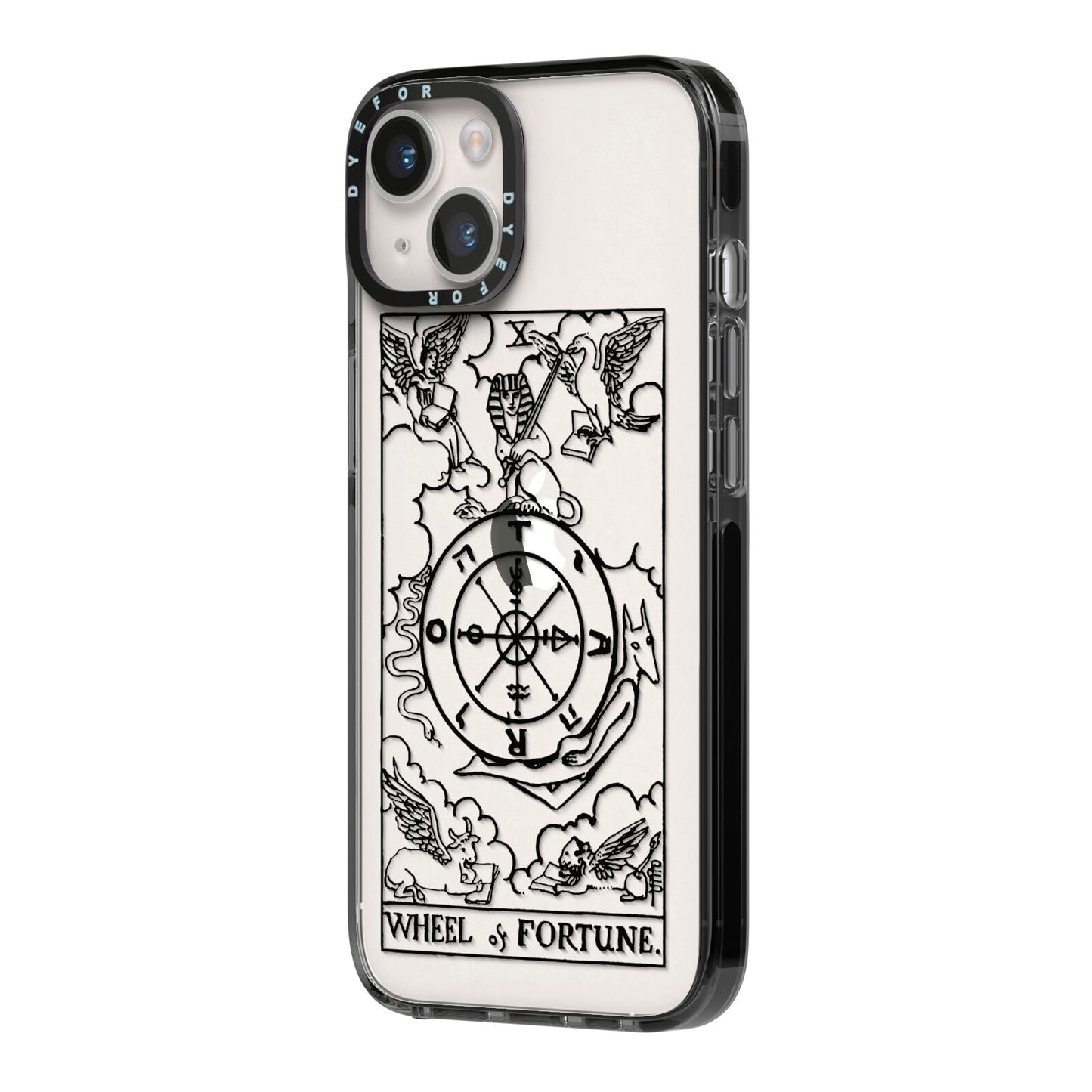 Wheel of Fortune Monochrome Tarot Card iPhone 14 Black Impact Case Side Angle on Silver phone