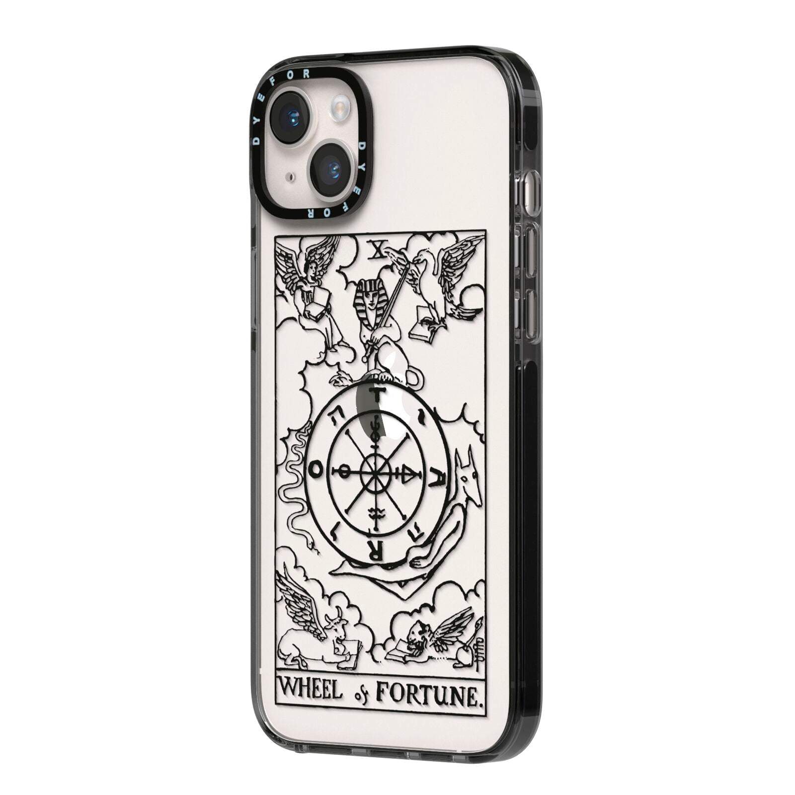 Wheel of Fortune Monochrome Tarot Card iPhone 14 Plus Black Impact Case Side Angle on Silver phone