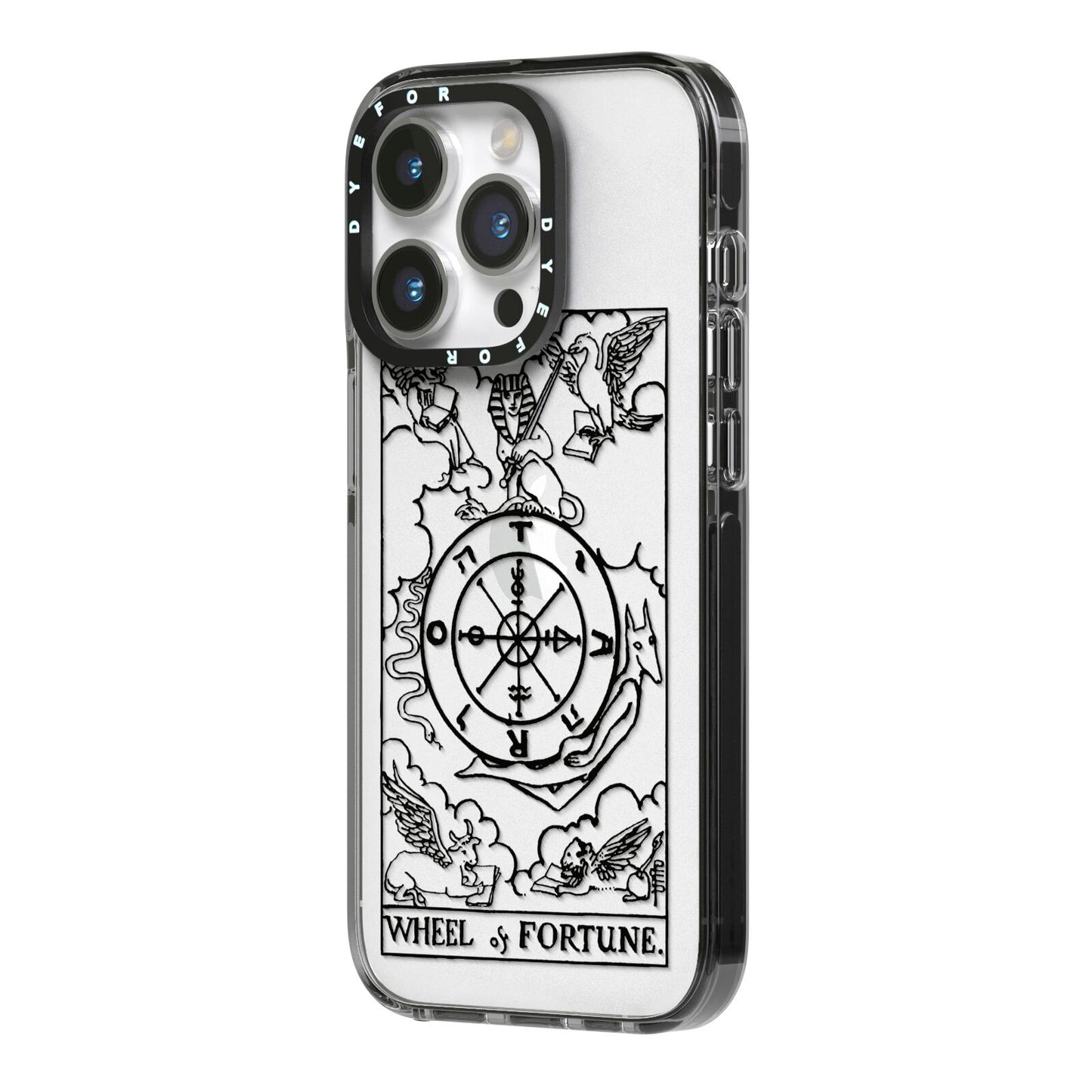Wheel of Fortune Monochrome Tarot Card iPhone 14 Pro Black Impact Case Side Angle on Silver phone