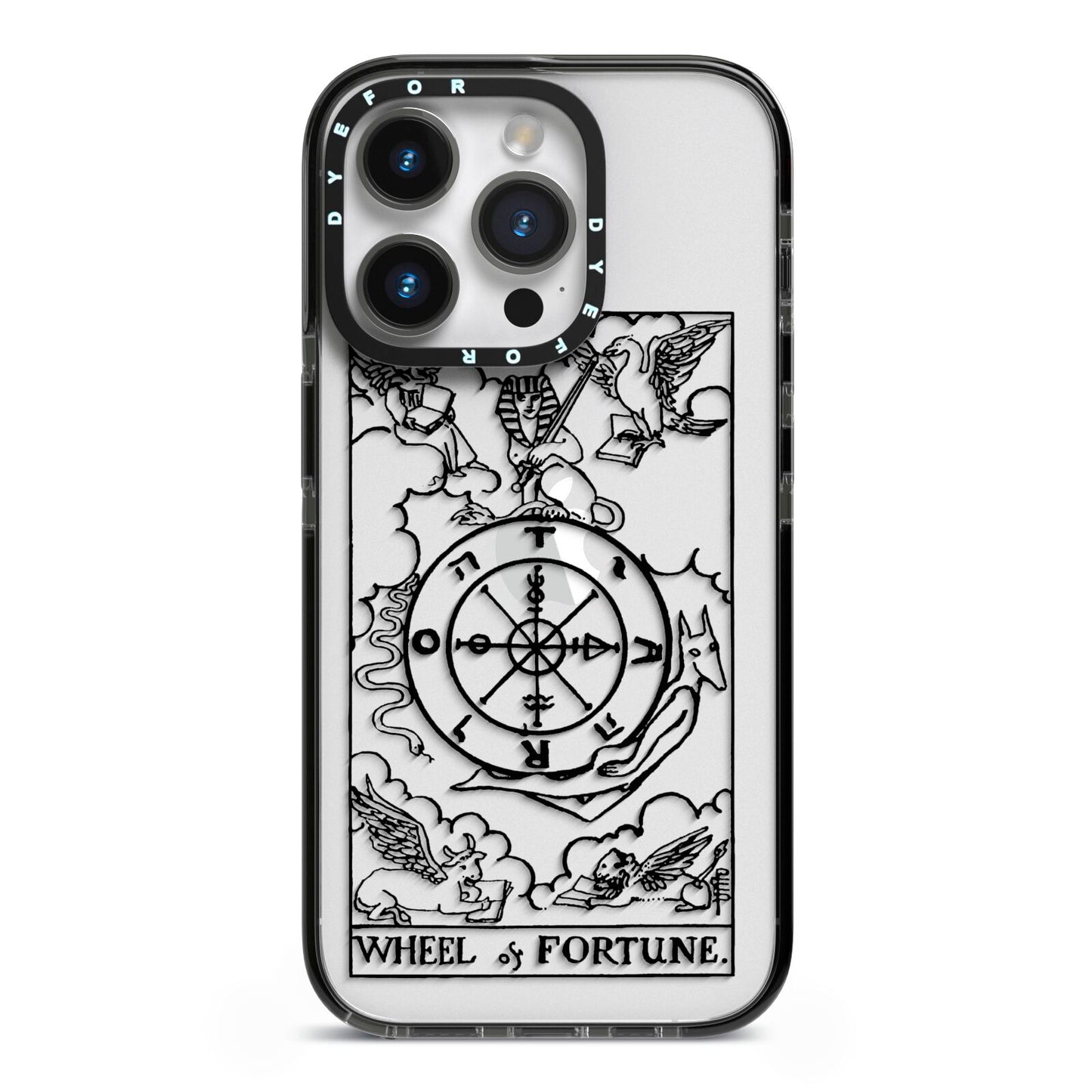 Wheel of Fortune Monochrome Tarot Card iPhone 14 Pro Black Impact Case on Silver phone