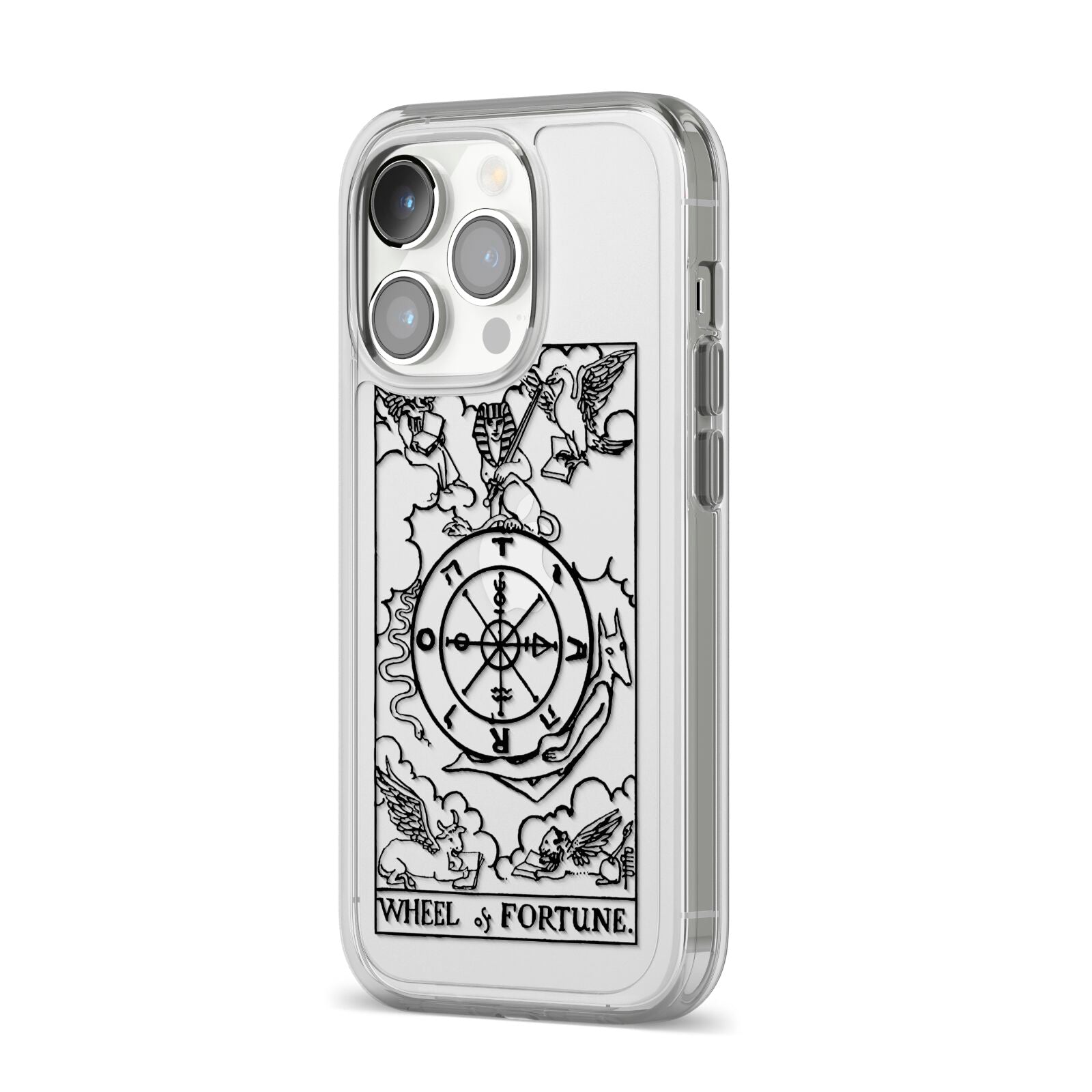 Wheel of Fortune Monochrome Tarot Card iPhone 14 Pro Clear Tough Case Silver Angled Image