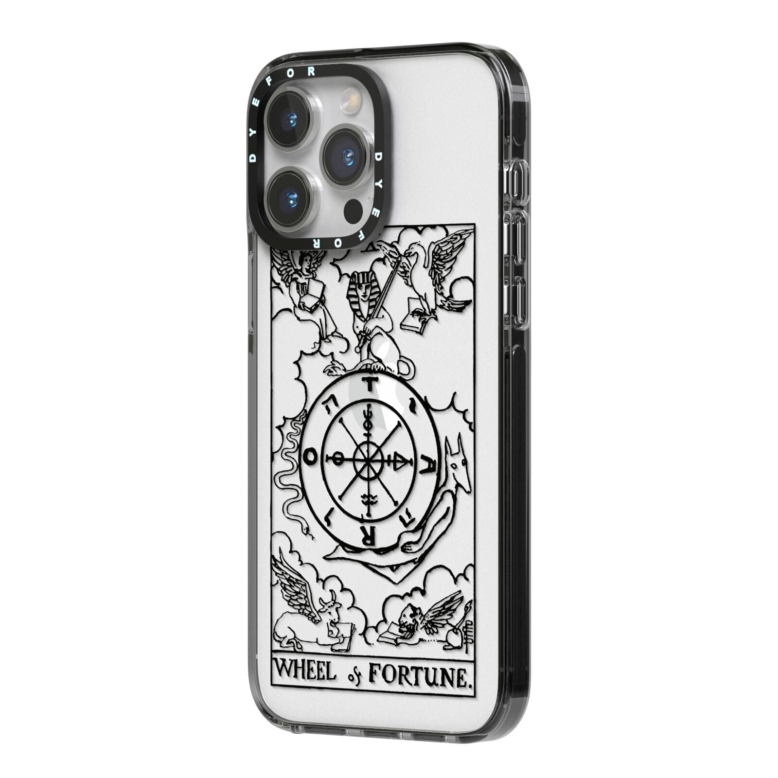 Wheel of Fortune Monochrome Tarot Card iPhone 14 Pro Max Black Impact Case Side Angle on Silver phone
