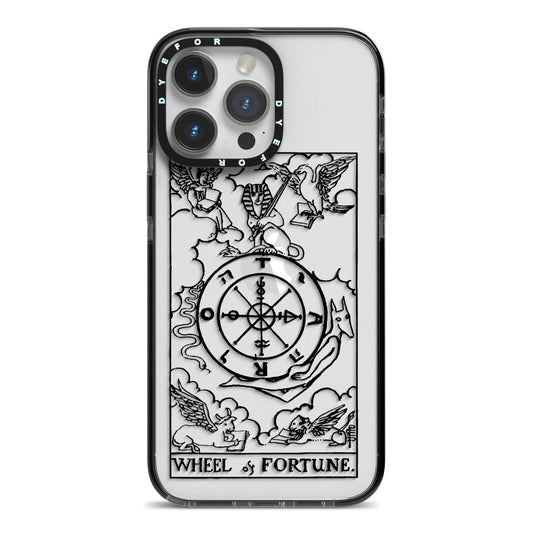 Wheel of Fortune Monochrome Tarot Card iPhone 14 Pro Max Black Impact Case on Silver phone