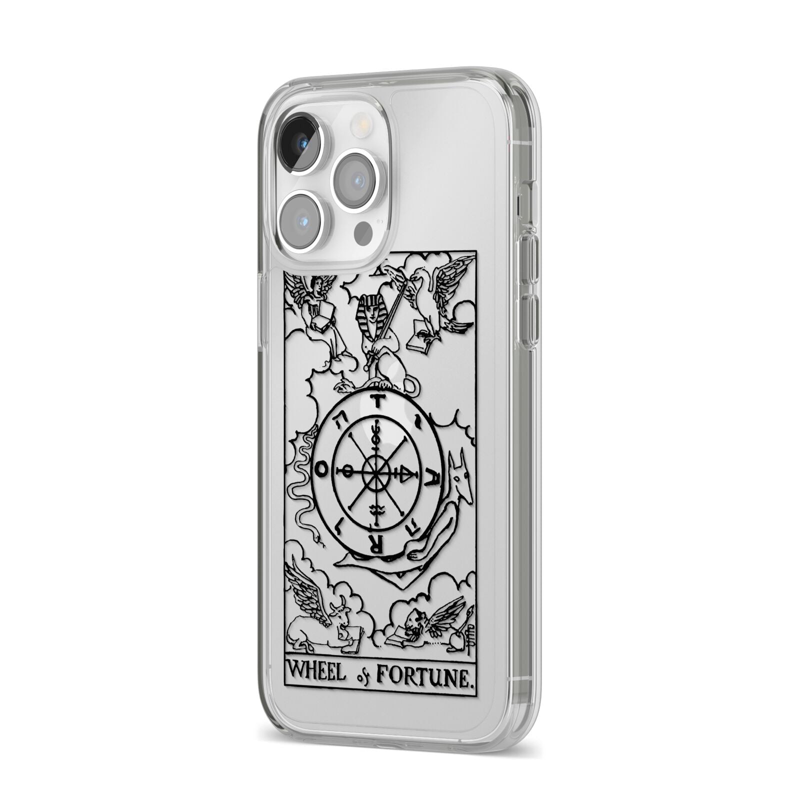Wheel of Fortune Monochrome Tarot Card iPhone 14 Pro Max Clear Tough Case Silver Angled Image