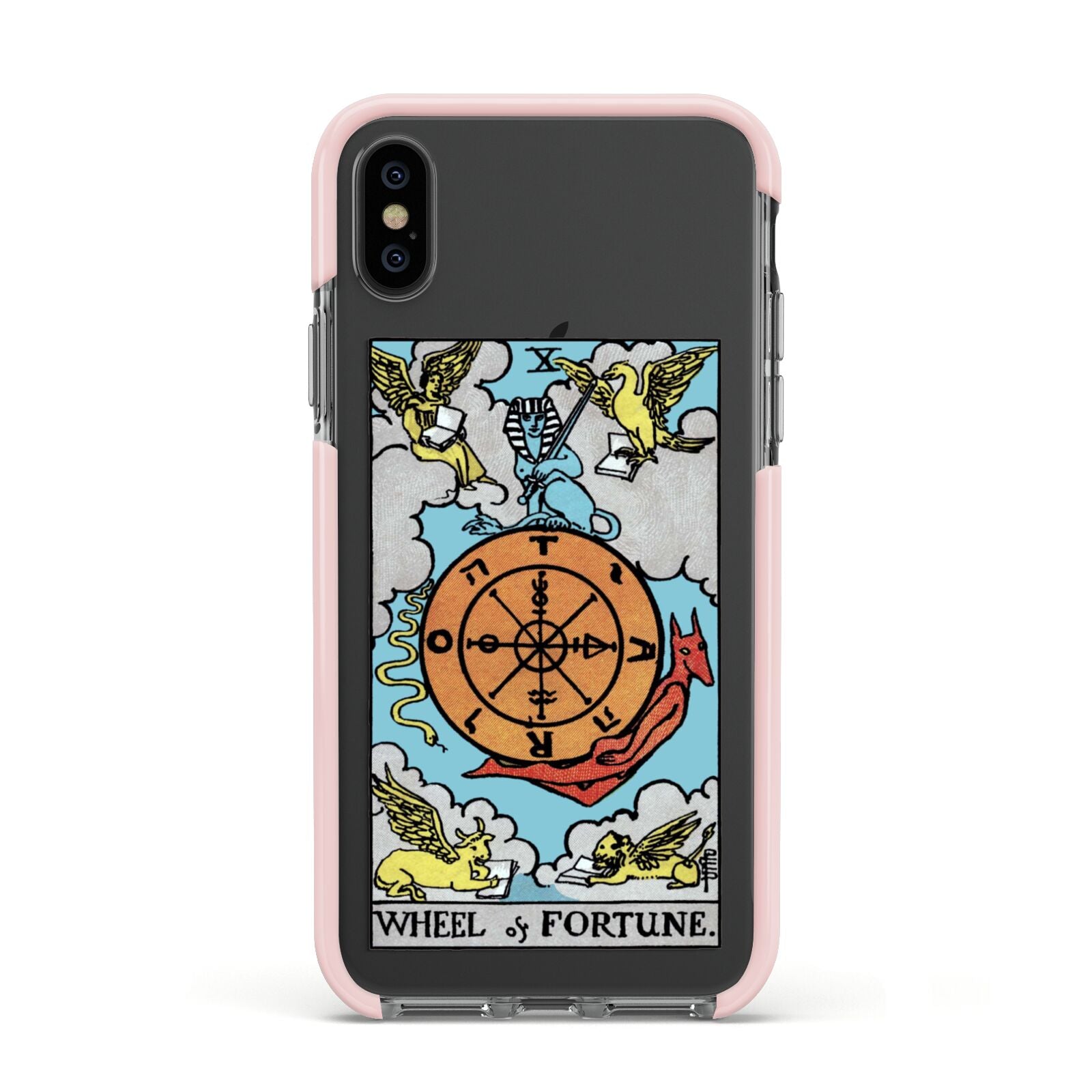 Wheel of Fortune Tarot Card Apple iPhone Xs Impact Case Pink Edge on Black Phone