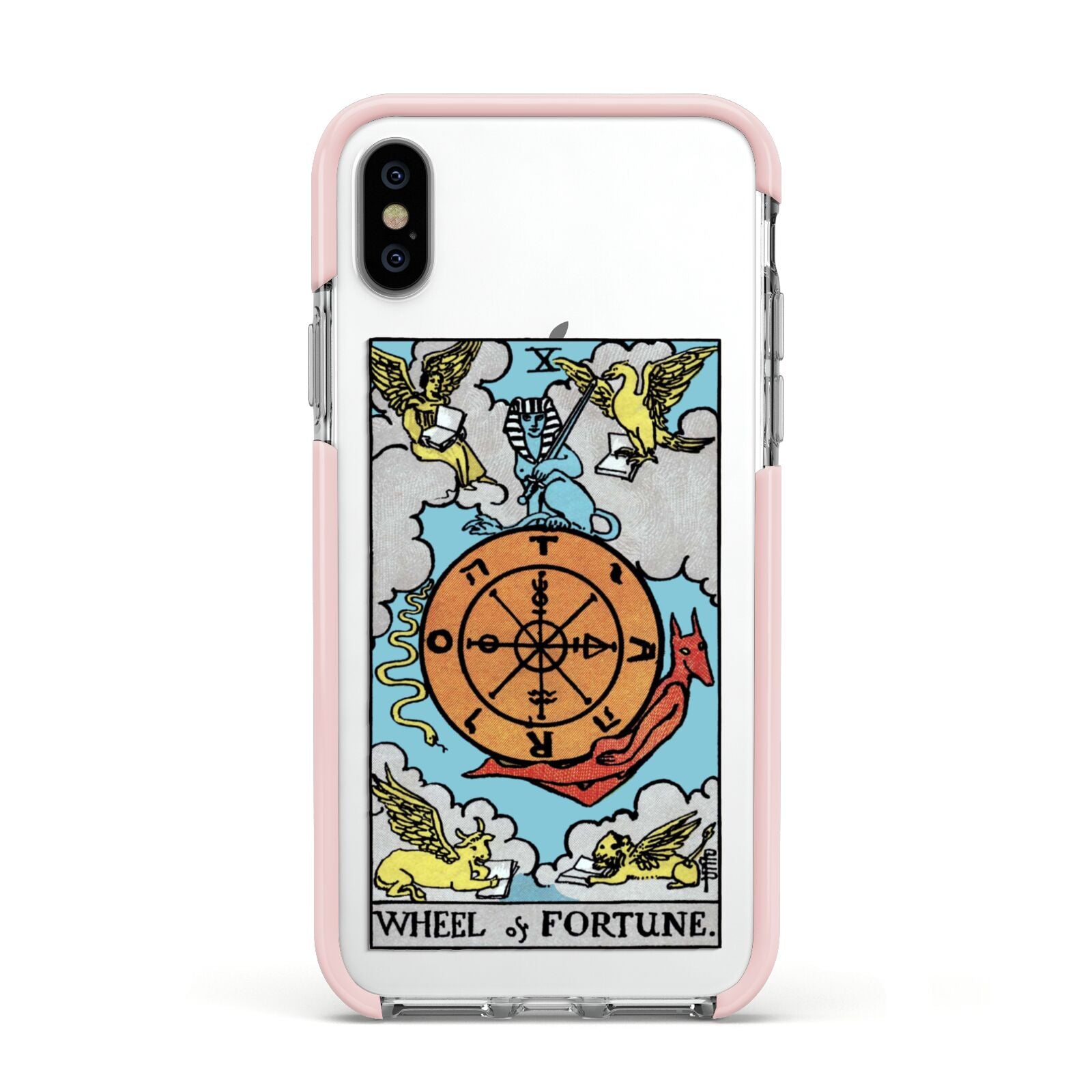 Wheel of Fortune Tarot Card Apple iPhone Xs Impact Case Pink Edge on Silver Phone