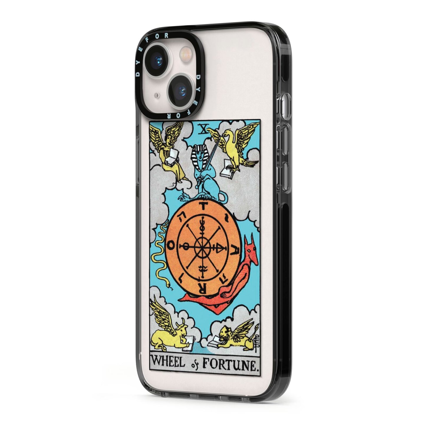 Wheel of Fortune Tarot Card iPhone 13 Black Impact Case Side Angle on Silver phone
