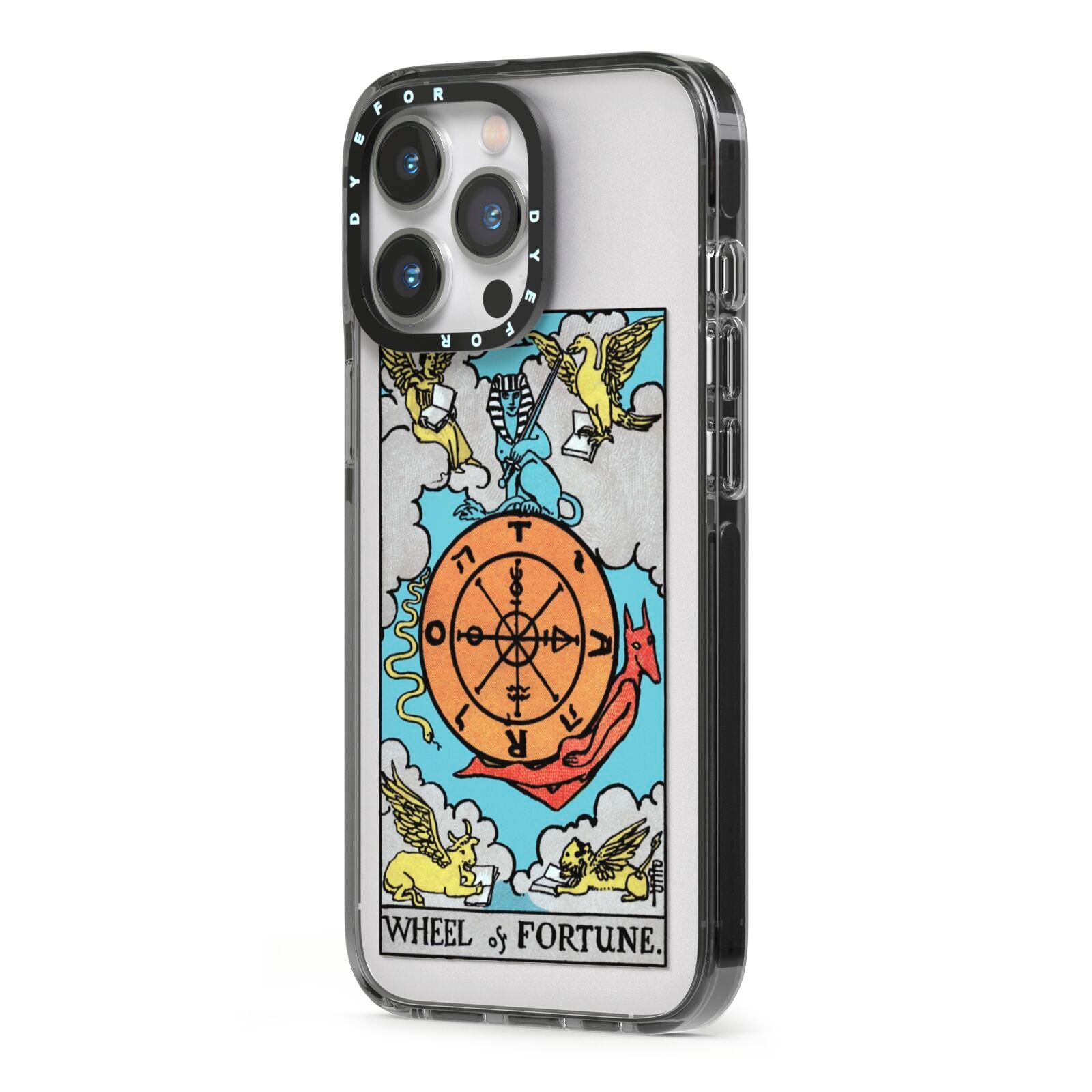 Wheel of Fortune Tarot Card iPhone 13 Pro Black Impact Case Side Angle on Silver phone
