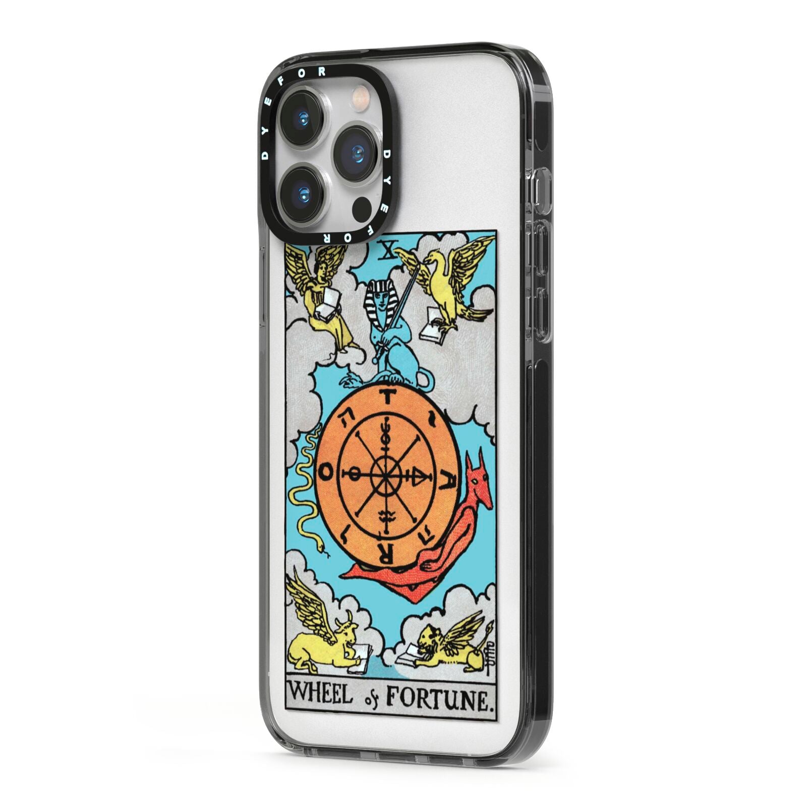 Wheel of Fortune Tarot Card iPhone 13 Pro Max Black Impact Case Side Angle on Silver phone