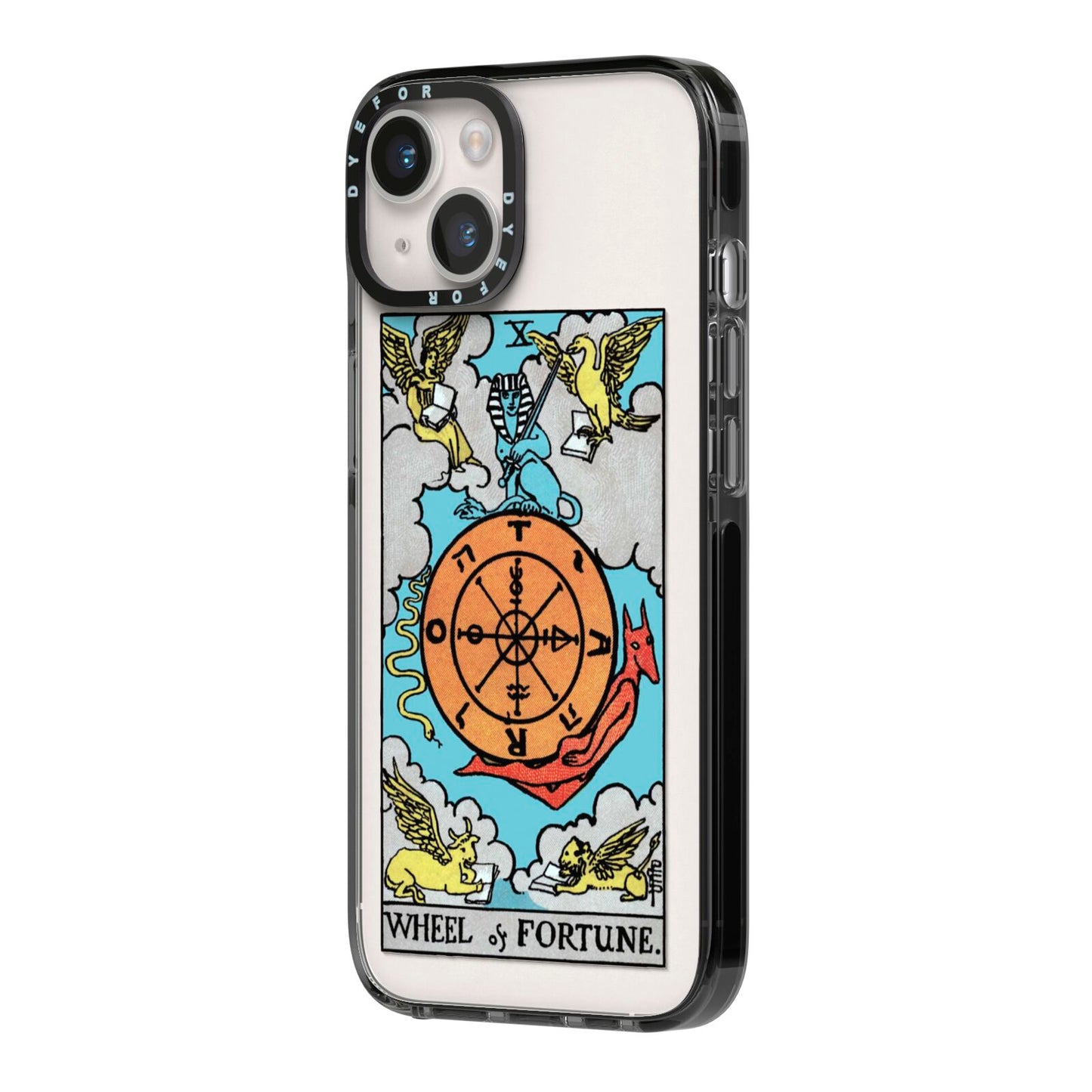 Wheel of Fortune Tarot Card iPhone 14 Black Impact Case Side Angle on Silver phone