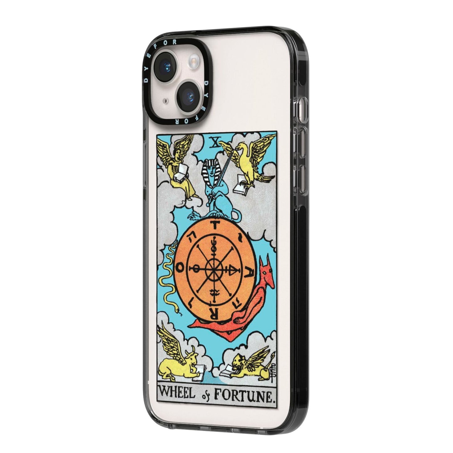 Wheel of Fortune Tarot Card iPhone 14 Plus Black Impact Case Side Angle on Silver phone