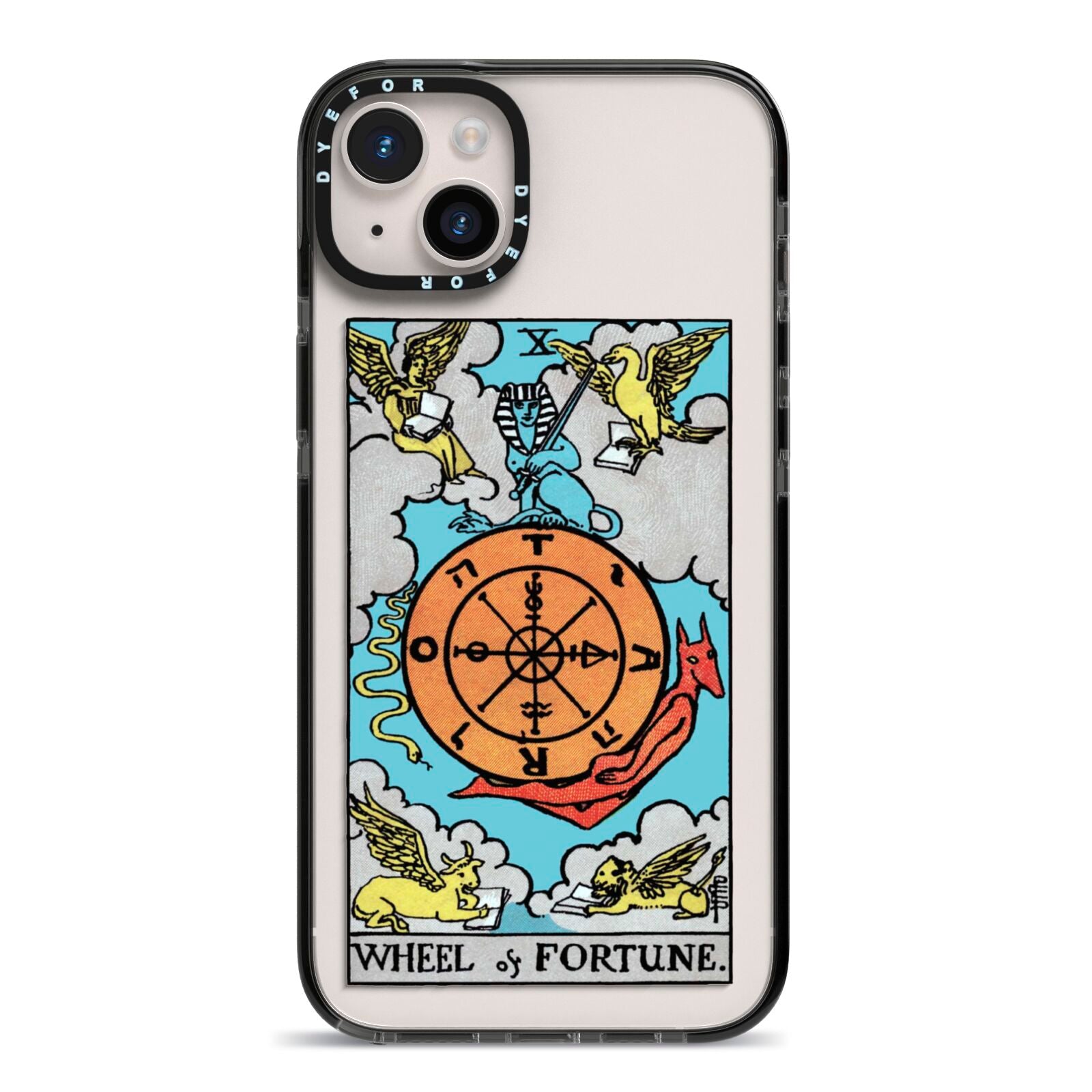 Wheel of Fortune Tarot Card iPhone 14 Plus Black Impact Case on Silver phone