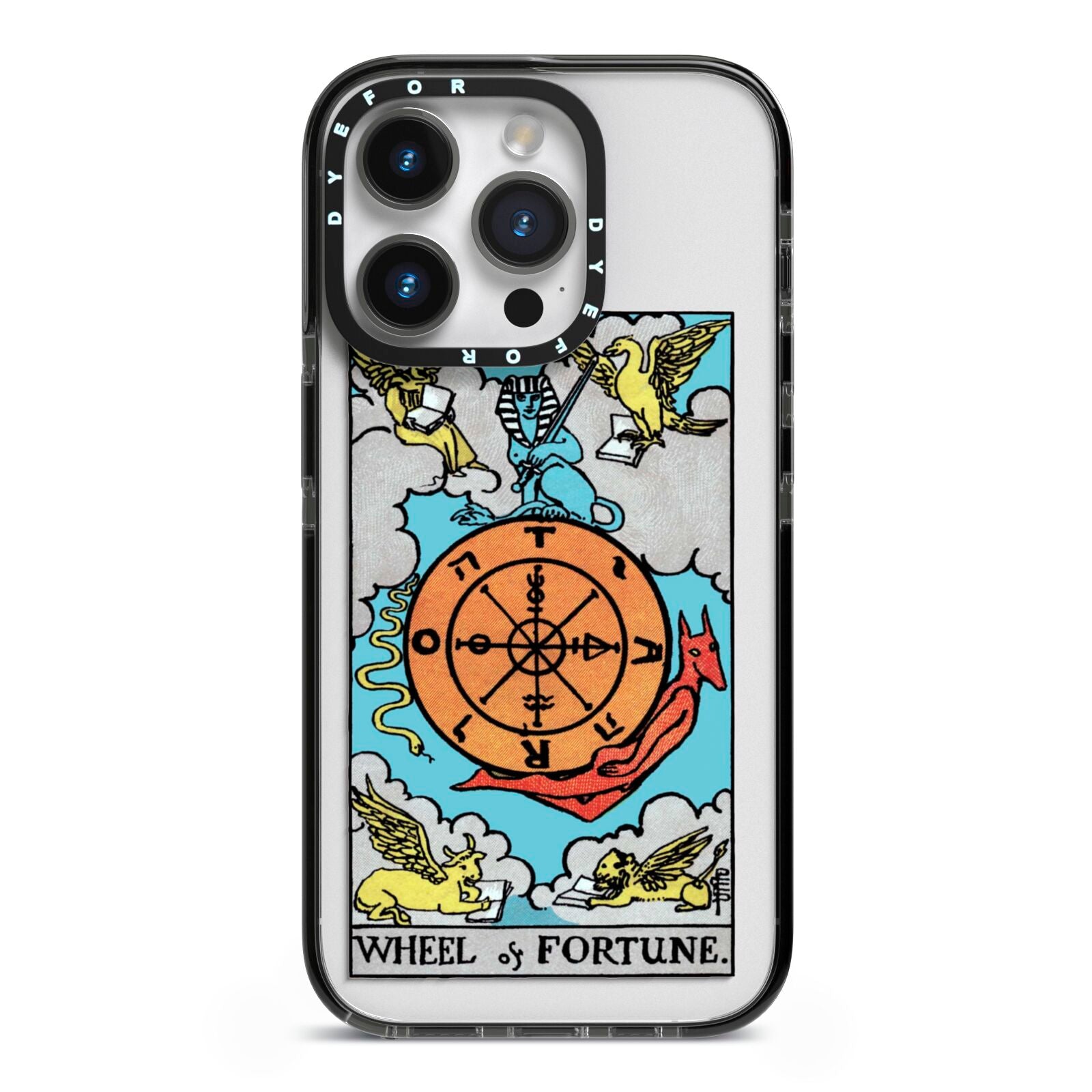 Wheel of Fortune Tarot Card iPhone 14 Pro Black Impact Case on Silver phone