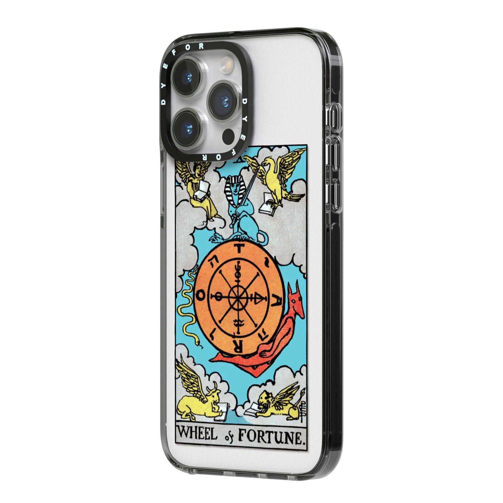 Wheel of Fortune Tarot Card iPhone 14 Pro Max Black Impact Case Side Angle on Silver phone