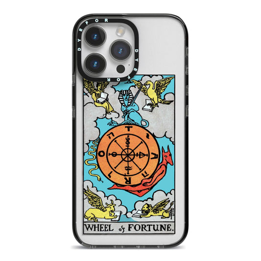 Wheel of Fortune Tarot Card iPhone 14 Pro Max Black Impact Case on Silver phone
