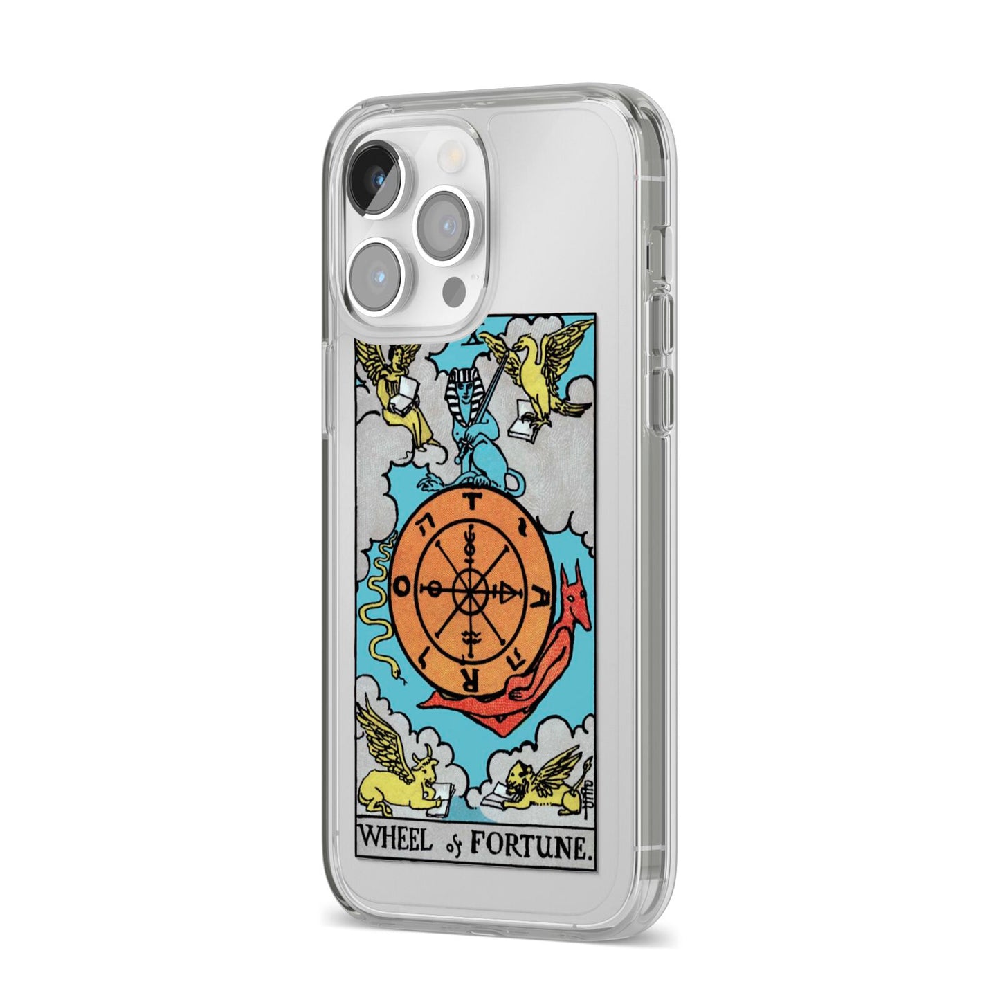 Wheel of Fortune Tarot Card iPhone 14 Pro Max Clear Tough Case Silver Angled Image