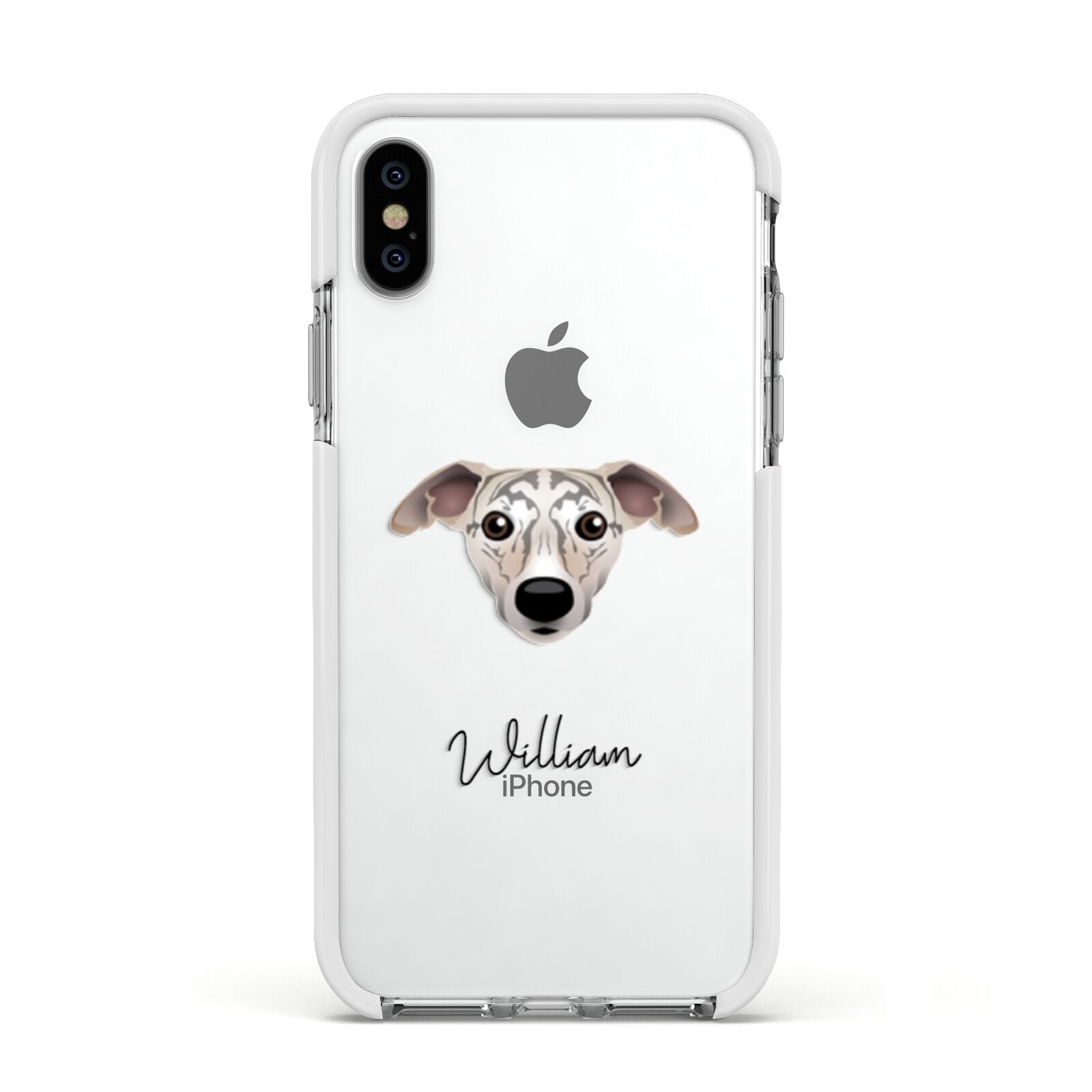 Whippet Personalised Apple iPhone Xs Impact Case White Edge on Silver Phone