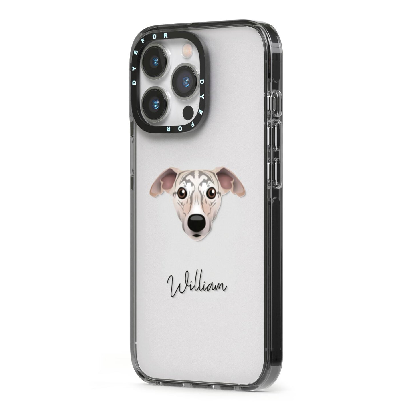 Whippet Personalised iPhone 13 Pro Black Impact Case Side Angle on Silver phone