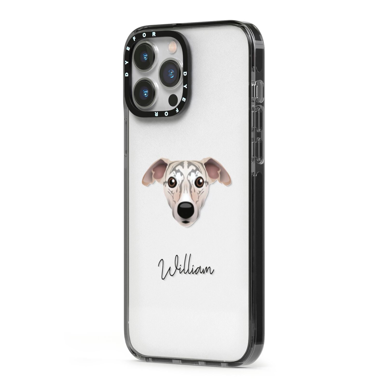 Whippet Personalised iPhone 13 Pro Max Black Impact Case Side Angle on Silver phone