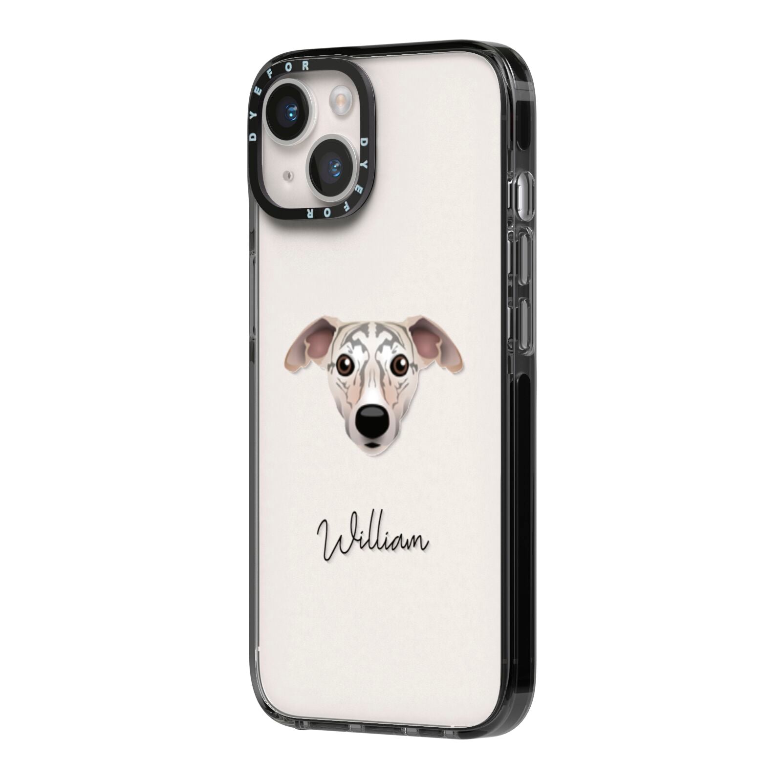 Whippet Personalised iPhone 14 Black Impact Case Side Angle on Silver phone