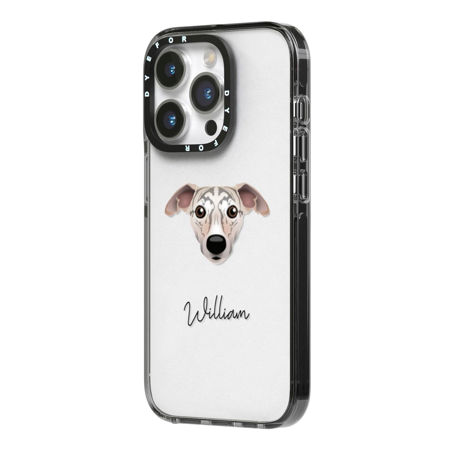Whippet Personalised iPhone 14 Pro Black Impact Case Side Angle on Silver phone