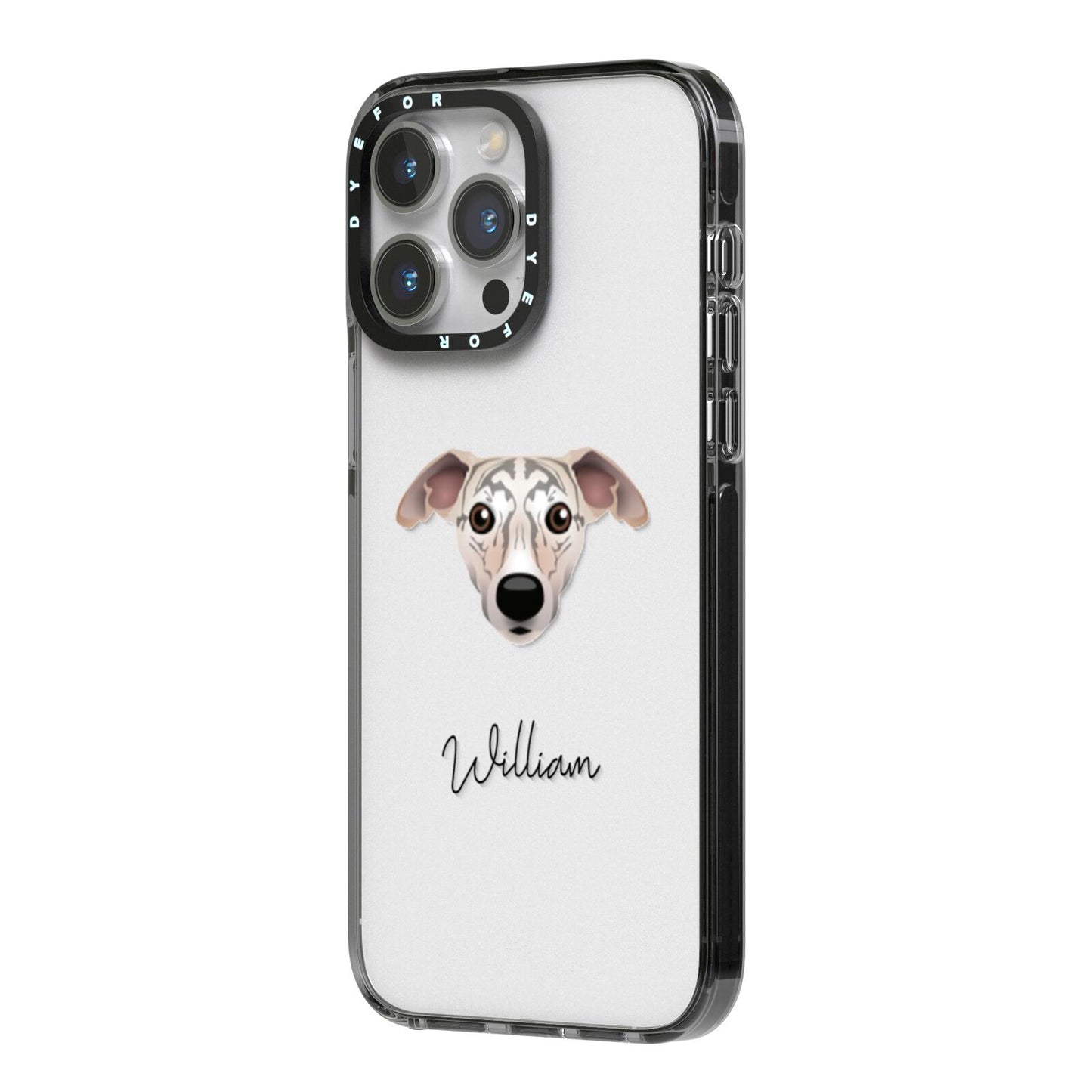 Whippet Personalised iPhone 14 Pro Max Black Impact Case Side Angle on Silver phone