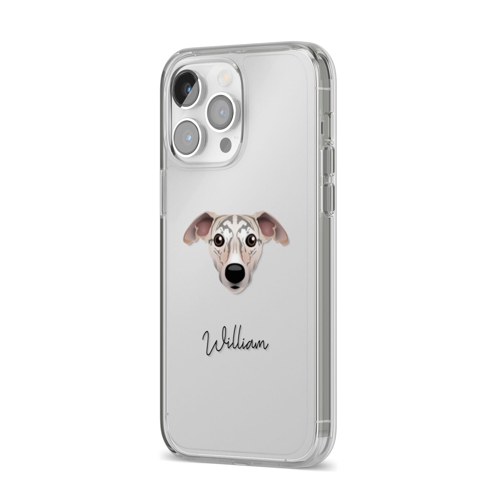 Whippet Personalised iPhone 14 Pro Max Clear Tough Case Silver Angled Image