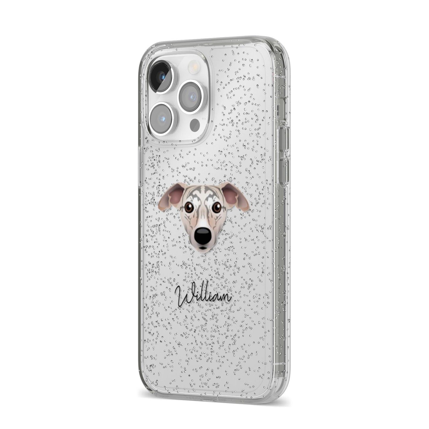 Whippet Personalised iPhone 14 Pro Max Glitter Tough Case Silver Angled Image