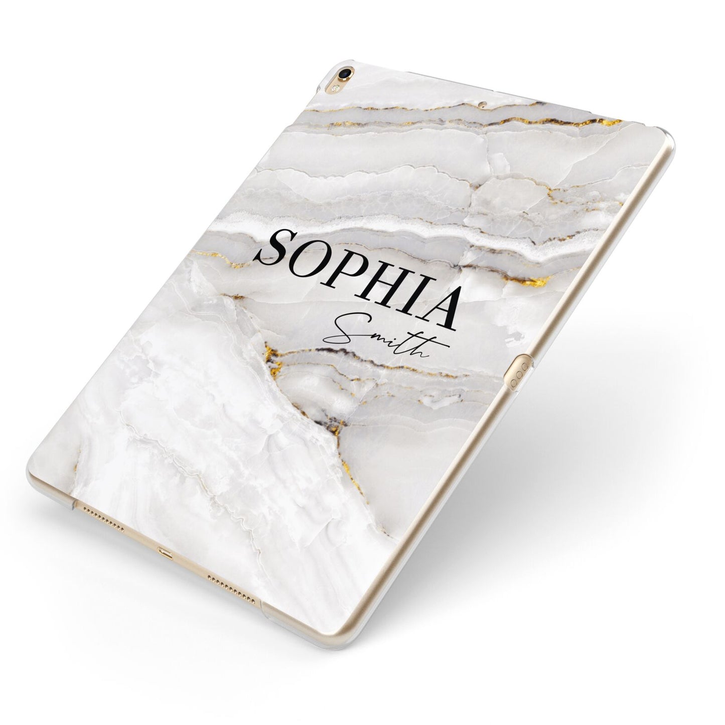 White And Gold Marble Apple iPad Case on Gold iPad Side View