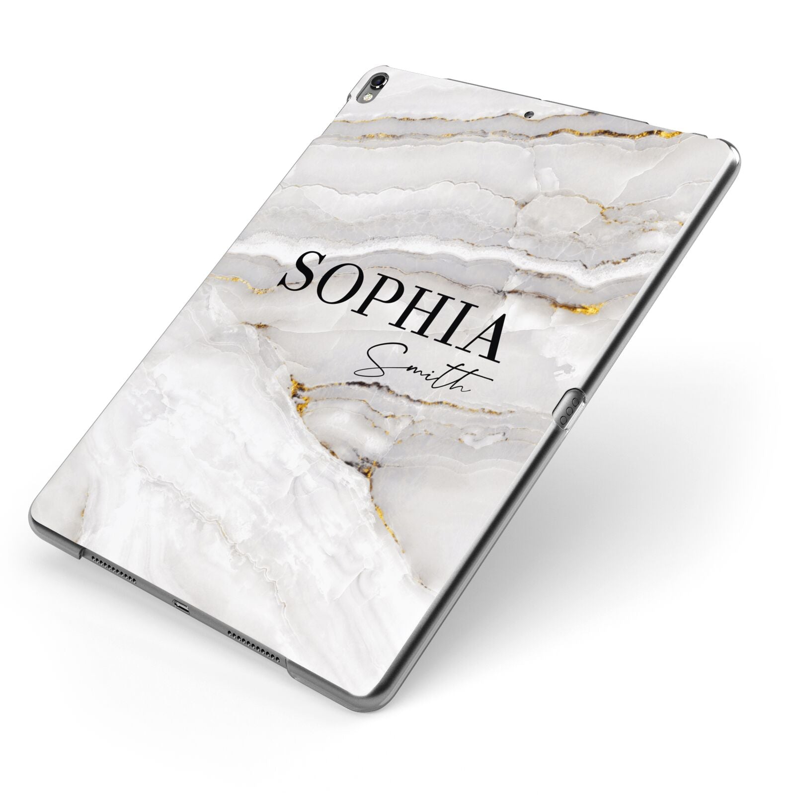 White And Gold Marble Apple iPad Case on Grey iPad Side View