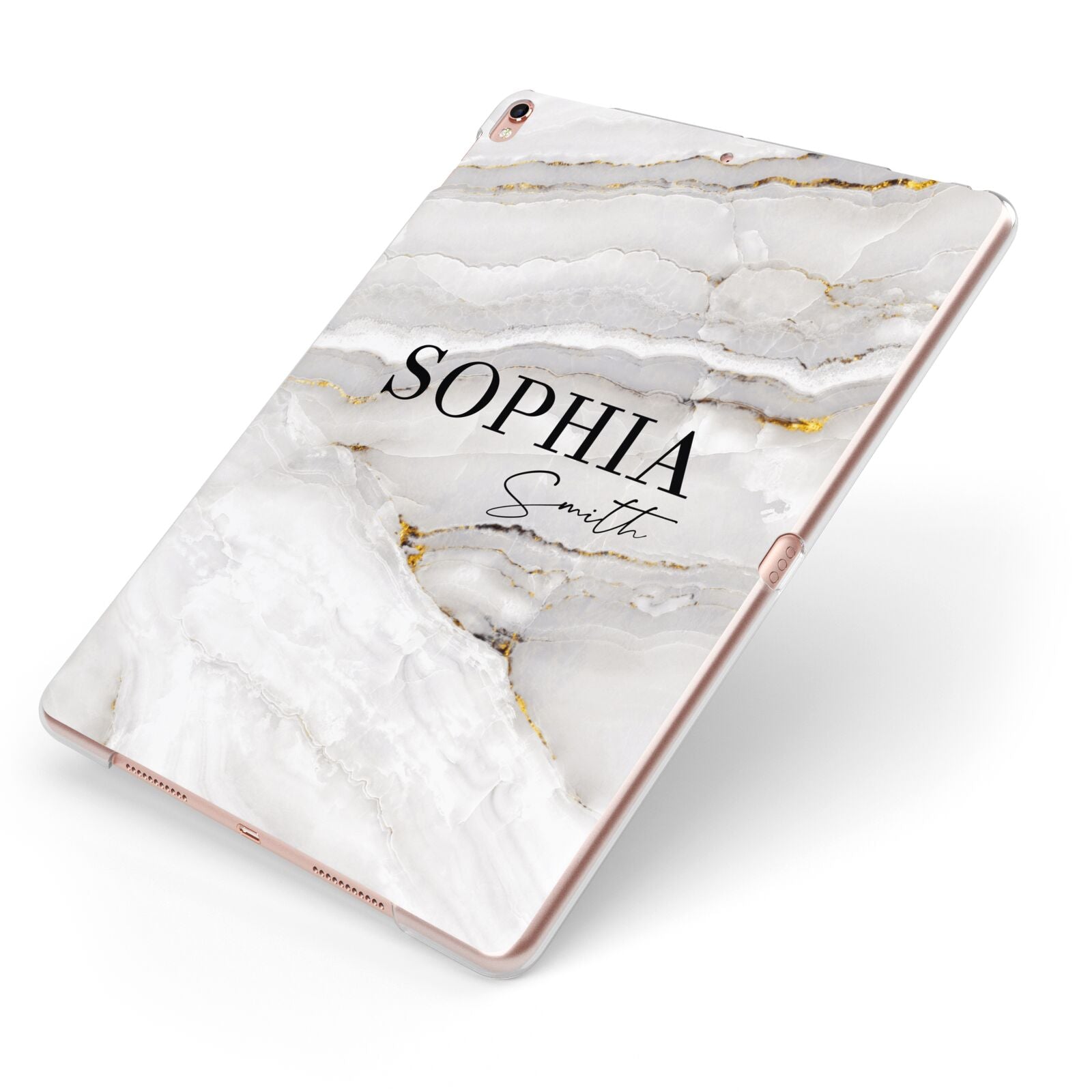 White And Gold Marble Apple iPad Case on Rose Gold iPad Side View
