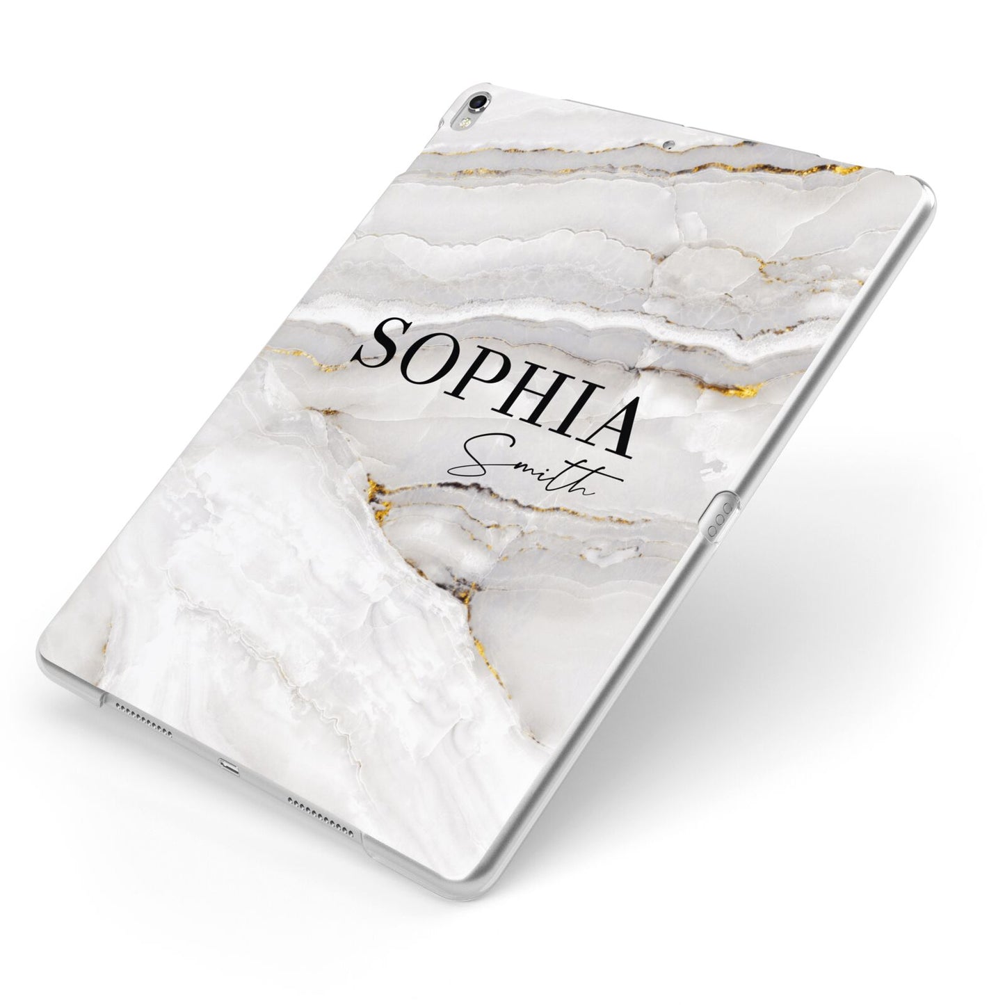 White And Gold Marble Apple iPad Case on Silver iPad Side View