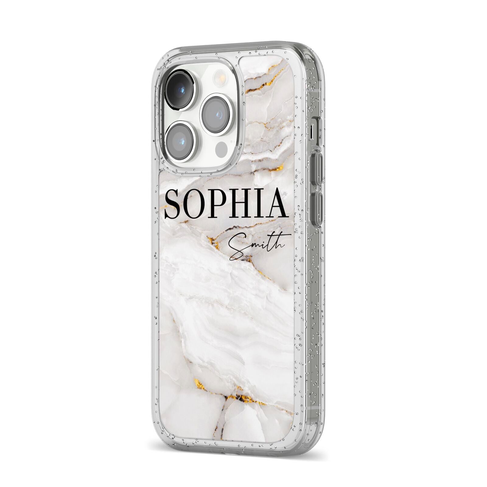 White And Gold Marble iPhone 14 Pro Glitter Tough Case Silver Angled Image