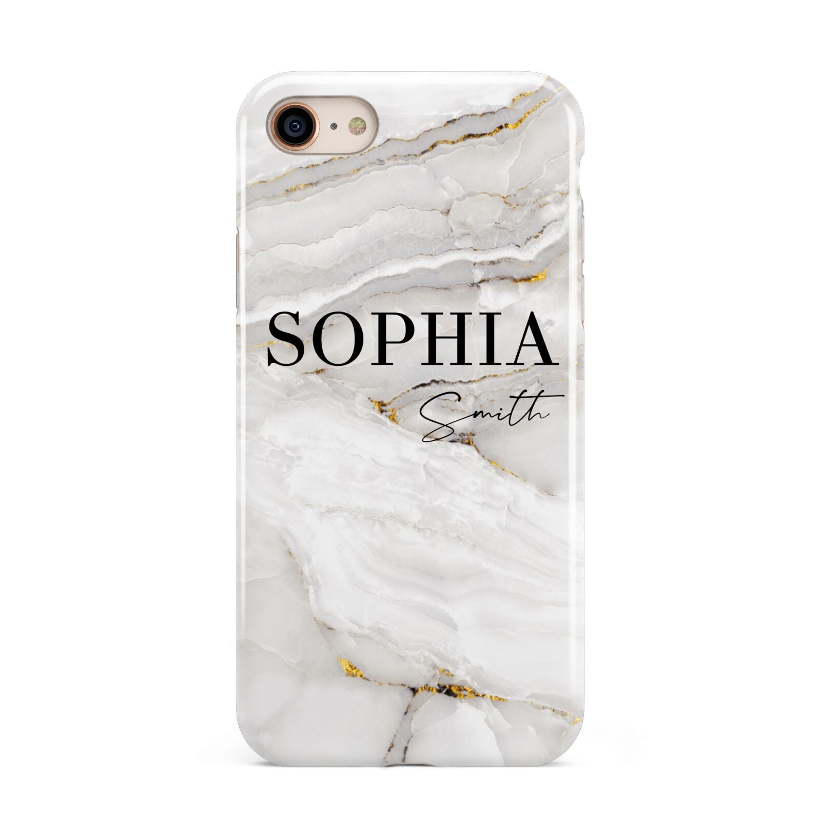 White And Gold Marble iPhone 8 3D Tough Case on Gold Phone