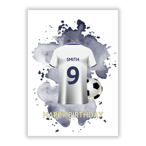 White Blue Personalised Football Shirt Greetings Card