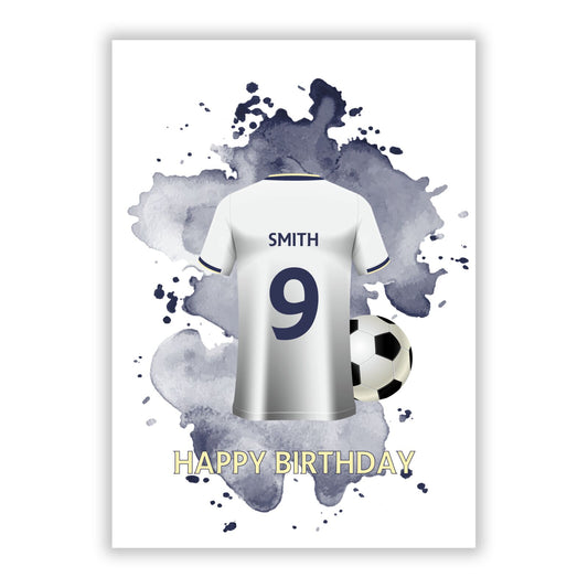 White Blue Personalised Football Shirt A5 Flat Greetings Card
