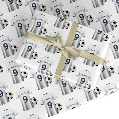 White Blue Personalised Football Shirt Custom Wrapping Paper