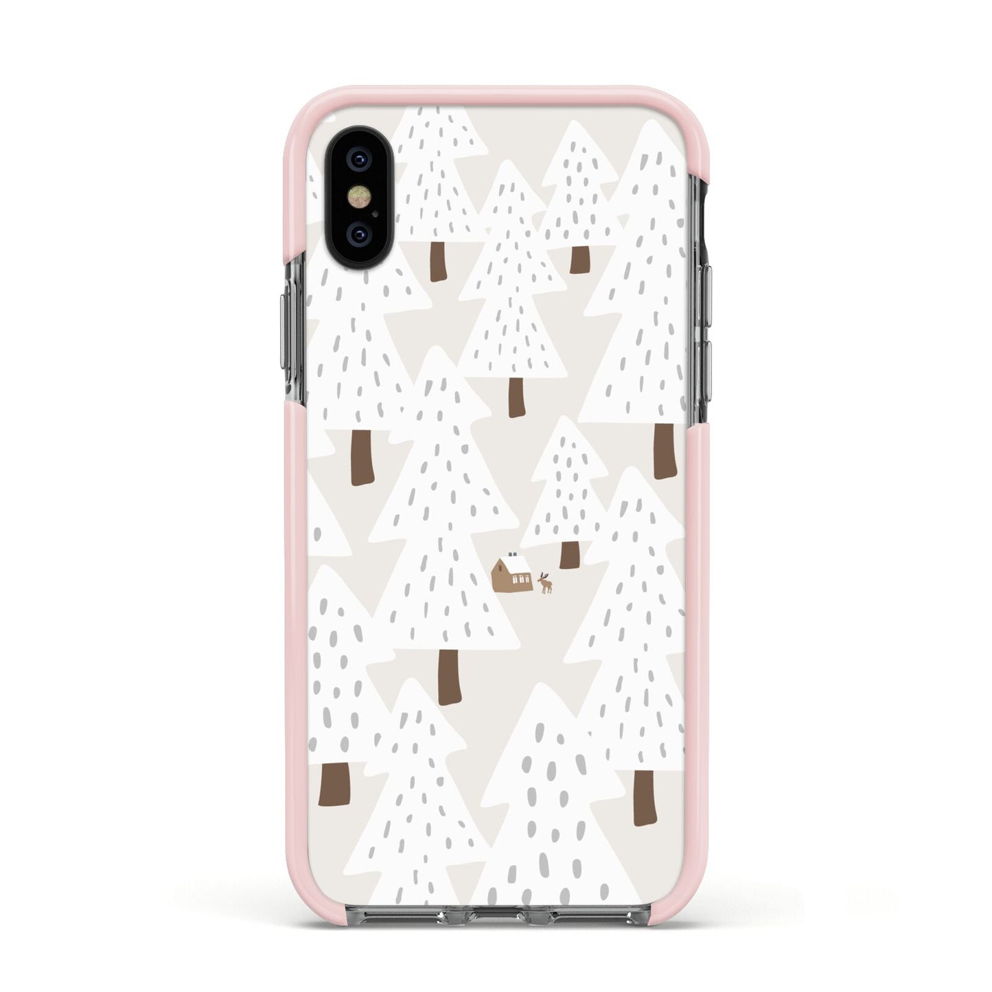 White Christmas Forest Apple iPhone Xs Impact Case Pink Edge on Black Phone