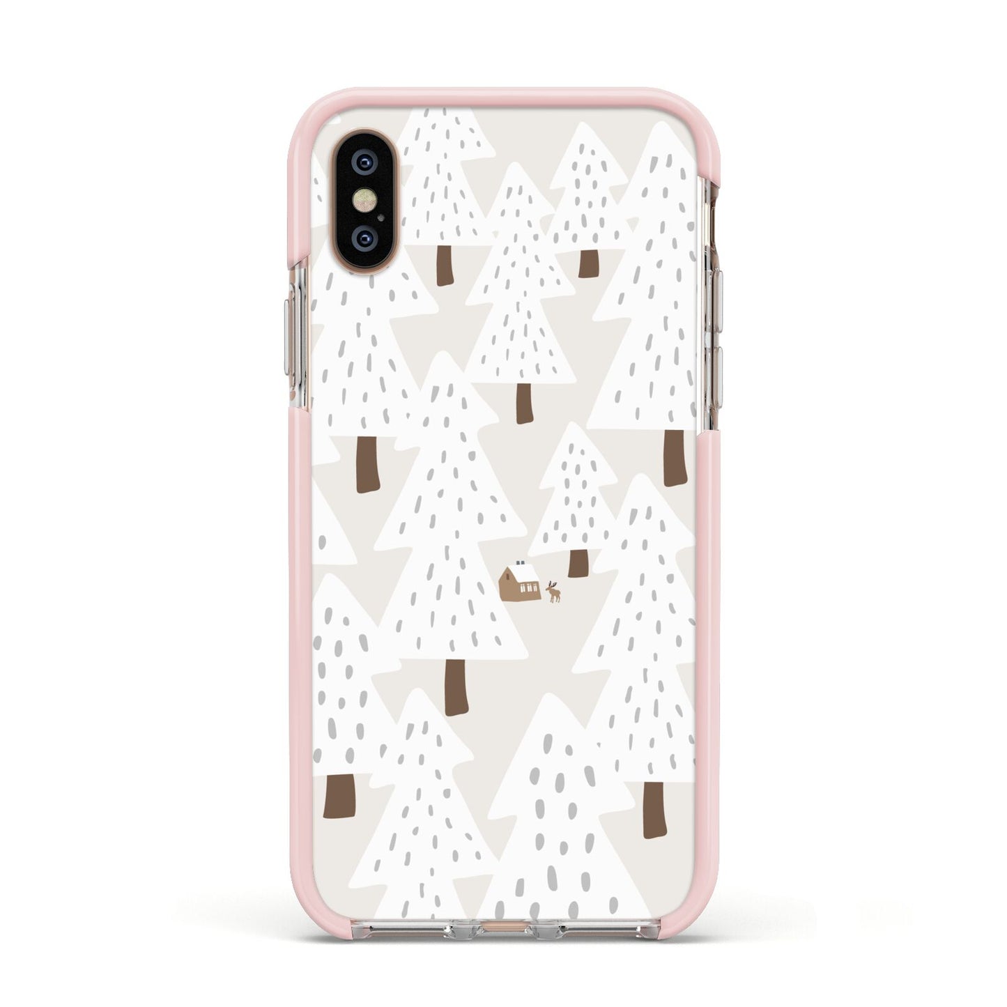 White Christmas Forest Apple iPhone Xs Impact Case Pink Edge on Gold Phone