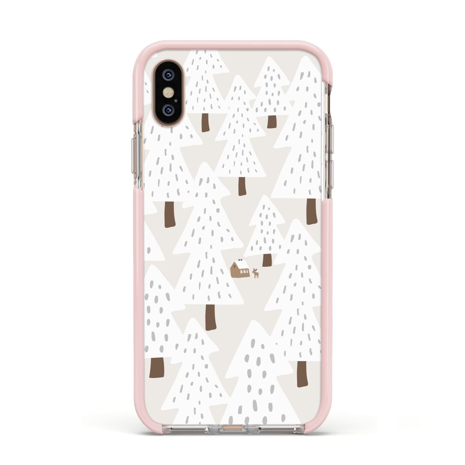 White Christmas Forest Apple iPhone Xs Impact Case Pink Edge on Gold Phone